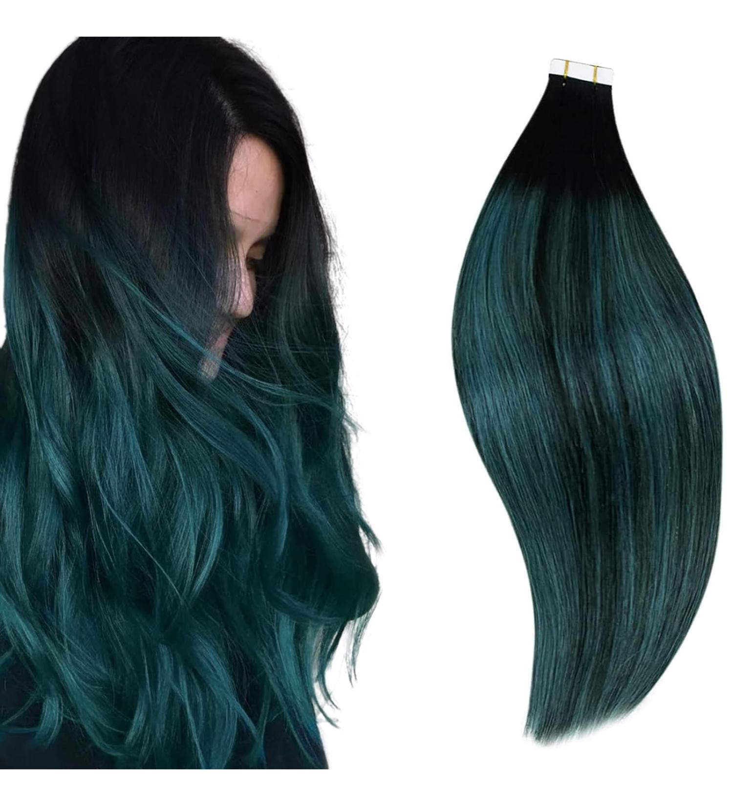 RUNATURE Ombre Tape in Hair Extensions - Black to Teal - 18 Inch Real Human Hair Skin Weft Balayage Tape Extensions - Buy Online on GoSupps.com