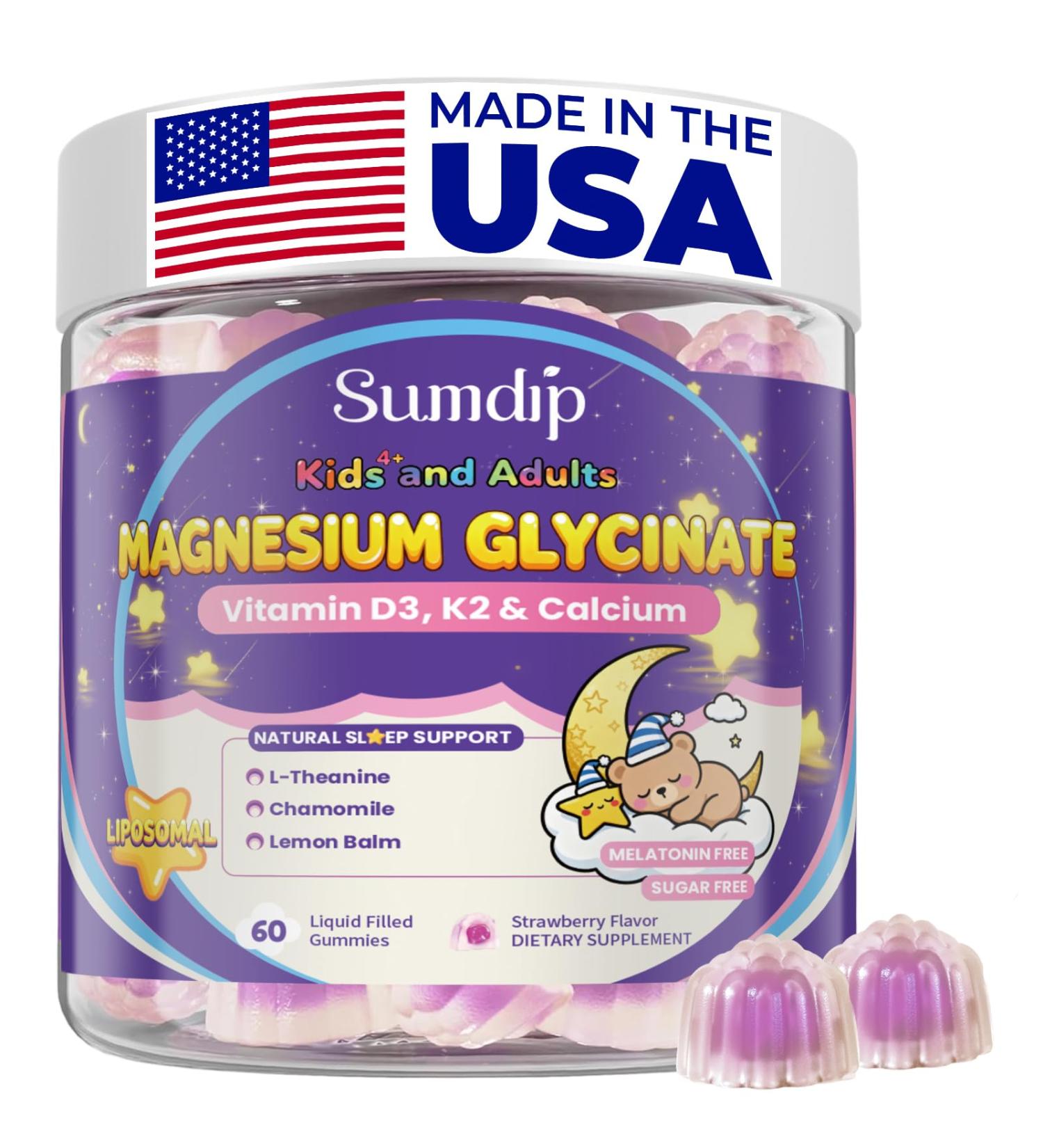 Magnesium Glycinate Gummies 400mg for Kids and Adults - Liposomal Magnesium Supplement with D3 K2 and Calcium for Sleep Calm and Bones Melatonin-Free Sugar-Free Strawberry Flavor 60 Gummies - Buy Online on GoSupps.com
