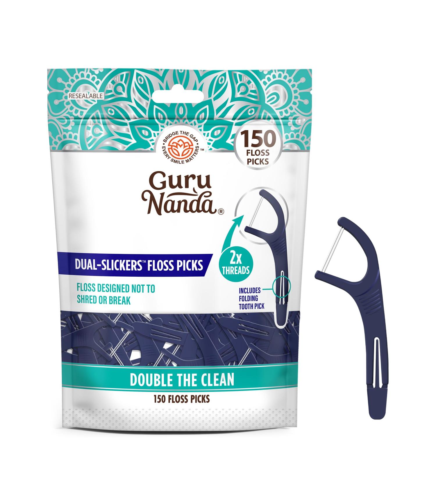 GuruNanda Dual Slickers Floss Picks - Double Threaded Dyneema Dental Floss & Foldable Toothpick for Plaque Removal (150 Ct) - Unflavored - Buy Internationally - Buy Online on GoSupps.com