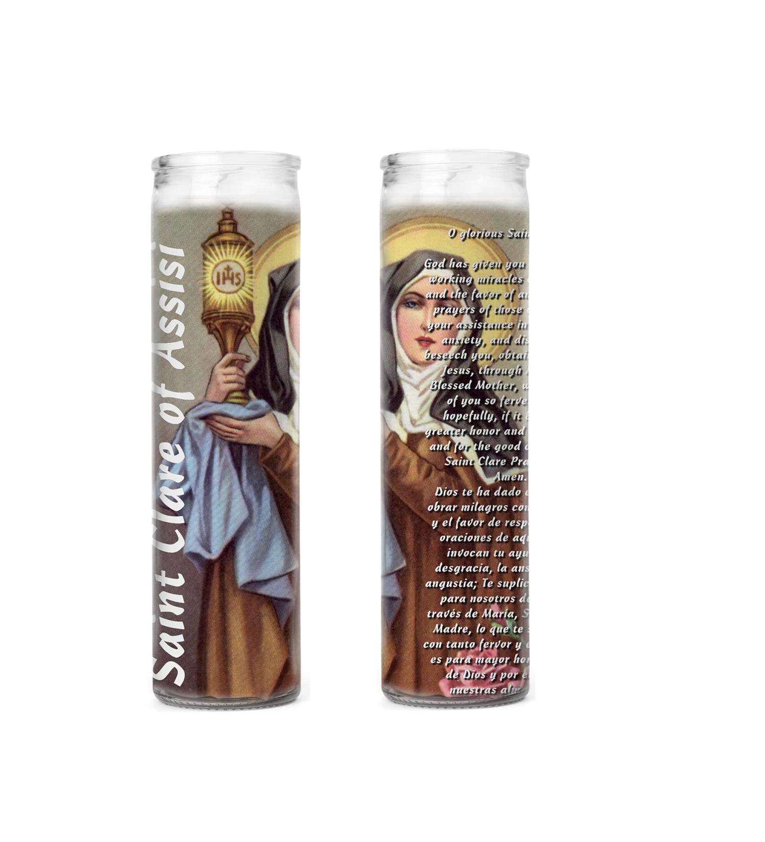 Saint Claire Clare of Assisi 2 Glass Prayer Candles Santa Clara de Asis Patron of Embroiderers and Sore Eyes