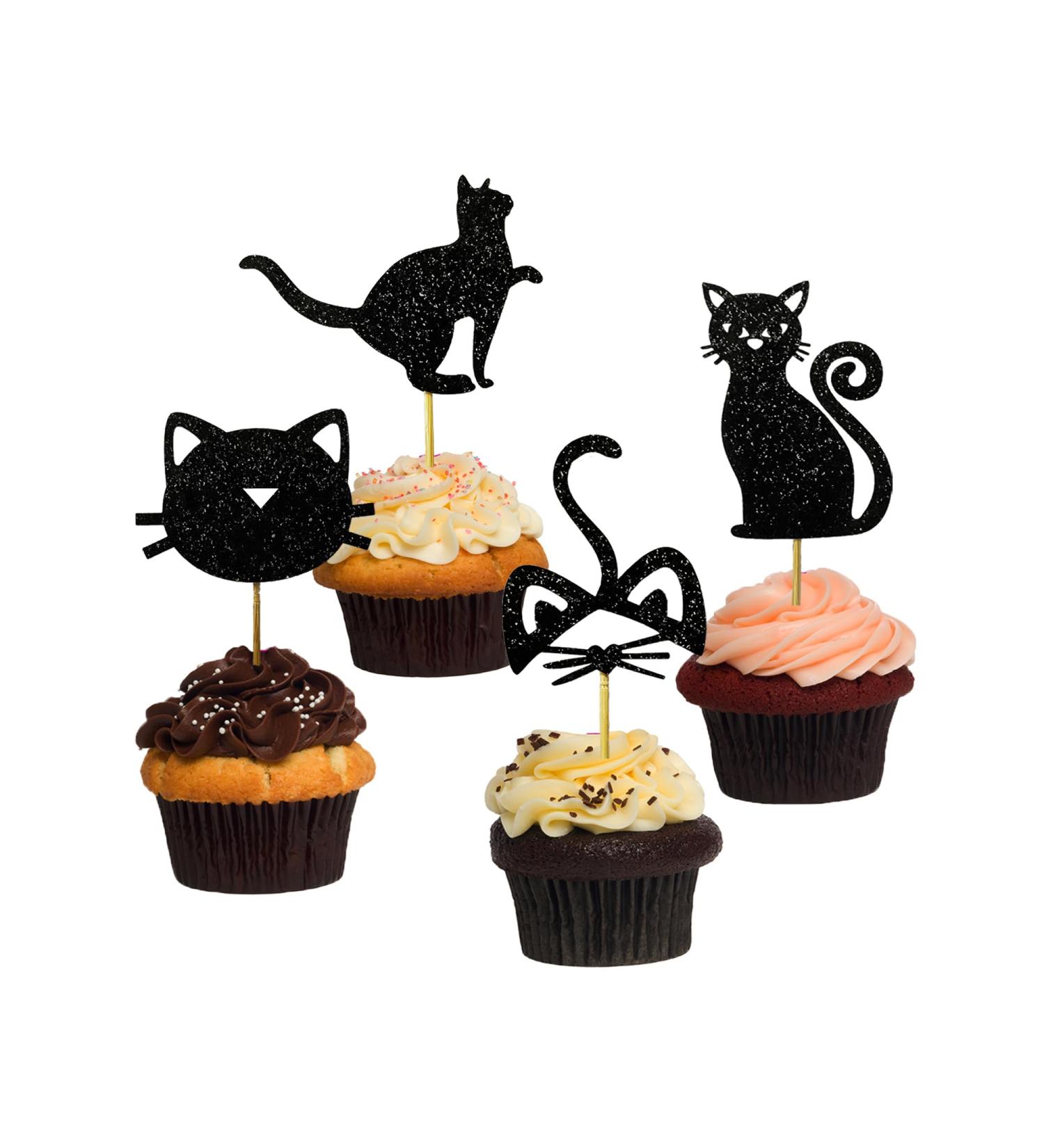 TSJ 24 PCS Cat Cupcake Toppers Black Glitter Kitty Cake Toppers Cat Cupcake Picks Kitten Theme Party Cake Decorations - Buy Online on GoSupps.com