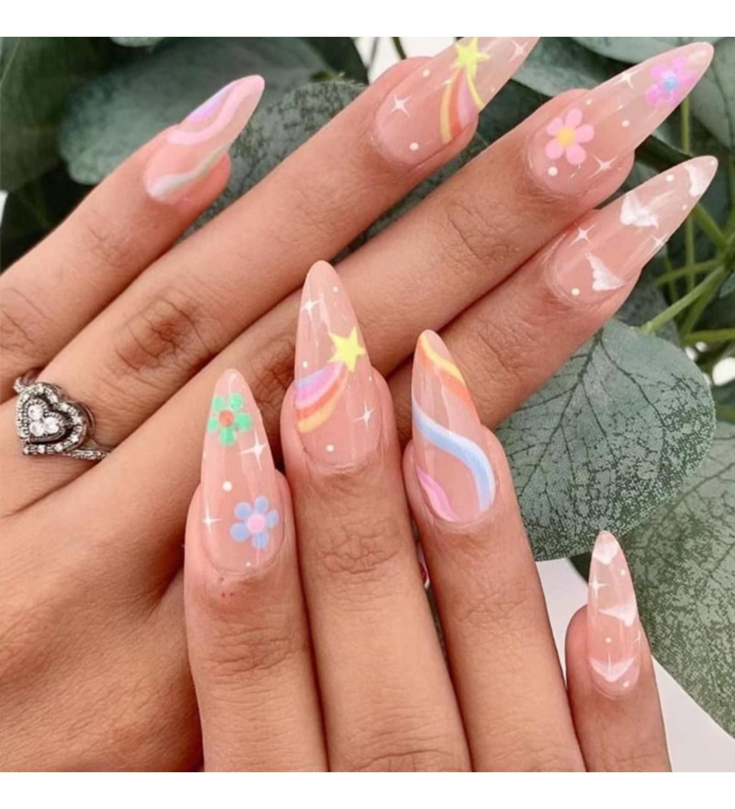 Nude Rainbow Clouds Press on Nails - Medium | Fake Nails for Women & Girls | Pink Full Cover Tips for Spring & Summer Salon - Buy Online on GoSupps.com
