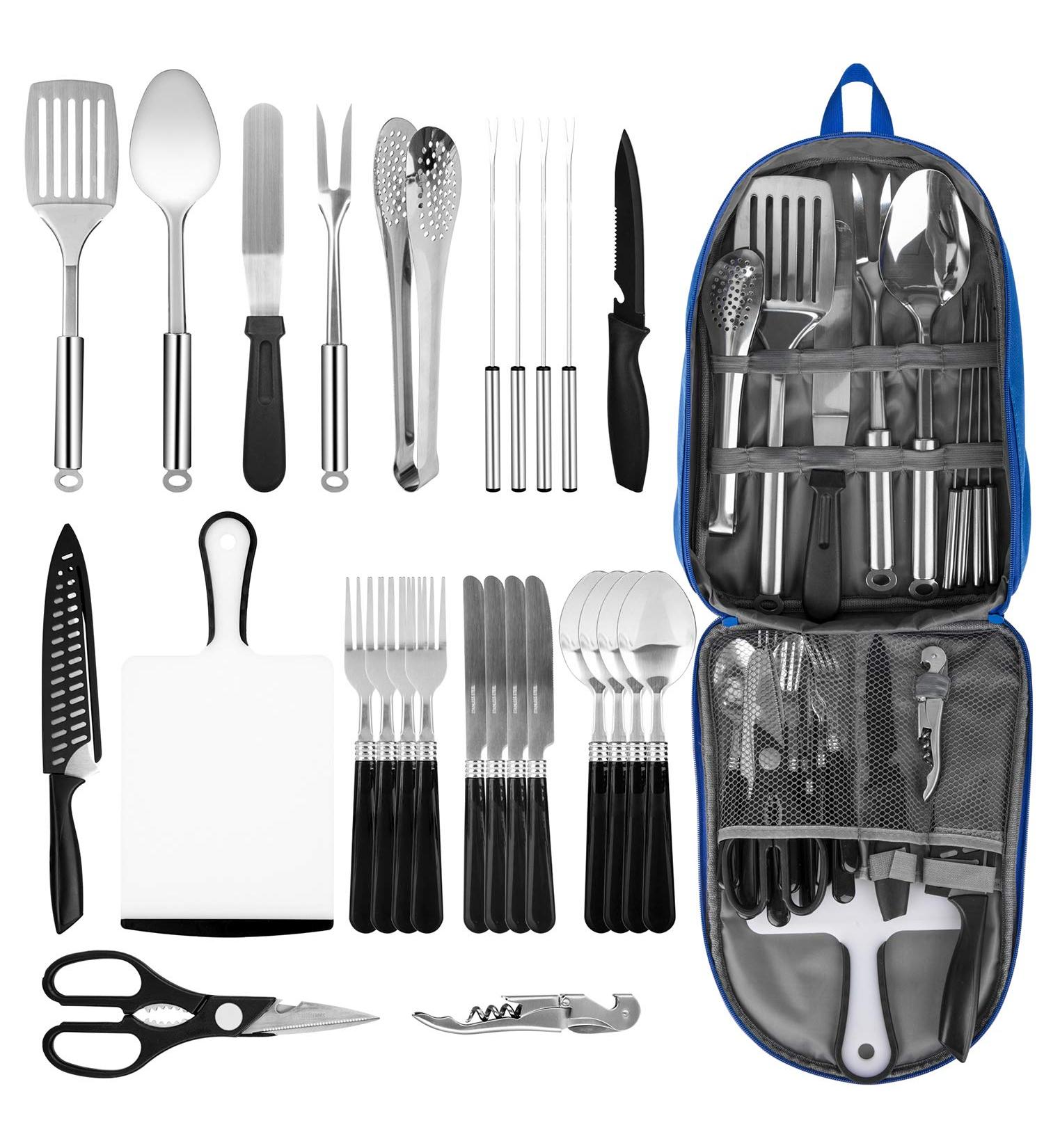 Portable Stainless Steel Camping Kitchen Utensil Set - 9Pcs or 27Pcs - Ideal for Outdoor Cooking, Grilling, BBQs, RVs, Picnics, and Parties - Buy Online on GoSupps.com