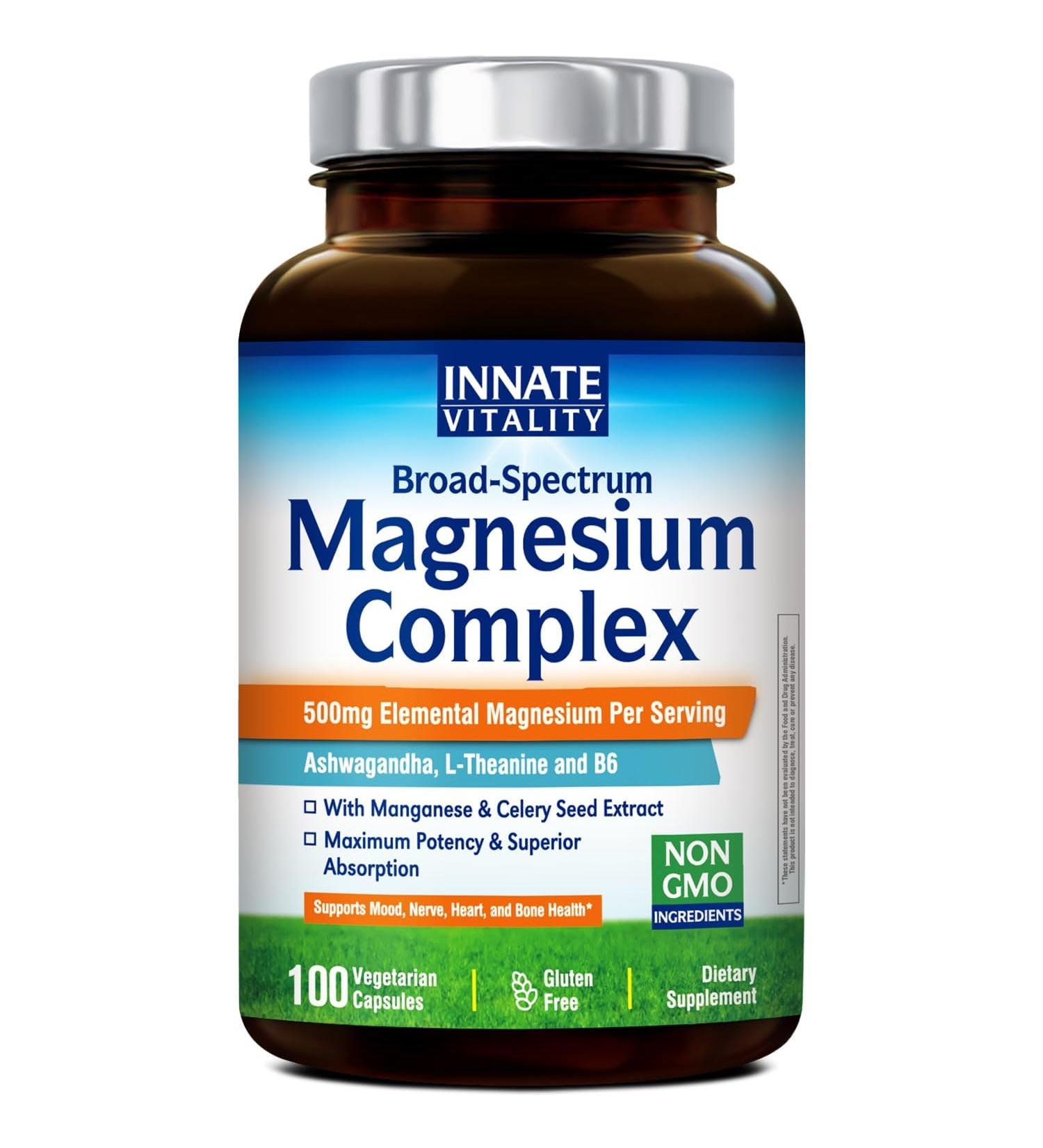 Innate Vitality Magnesium Supplement, 7-in-1 Magnesium Capsules with Vitamin B6, Ashwagandha, L-Theanine & Celery, Citrate and Glycinate, High Absorption, Vegan, Non-GMO (100 Count) 100 Count (Pack of 1) - Buy Online on GoSupps.com