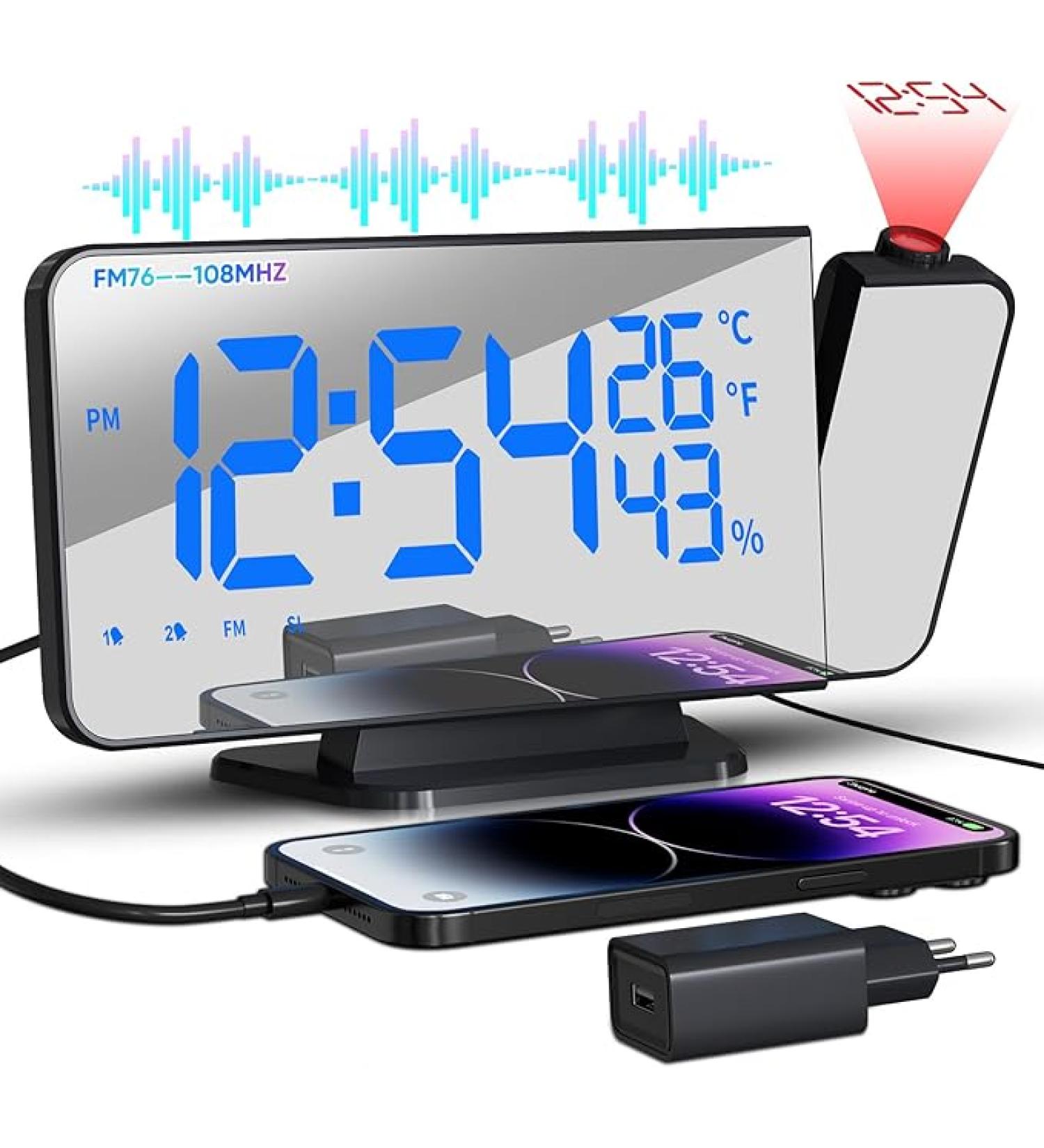 TAKRINK Alarm Clock Digital Radio Alarm Clock with 4 Levels Screen Brightness Projection Alarm Clock with Temperature Alarm Clock with Projection Dual Alarm Type-C Charger 180° Projector Projection - Buy Online on GoSupps.com
