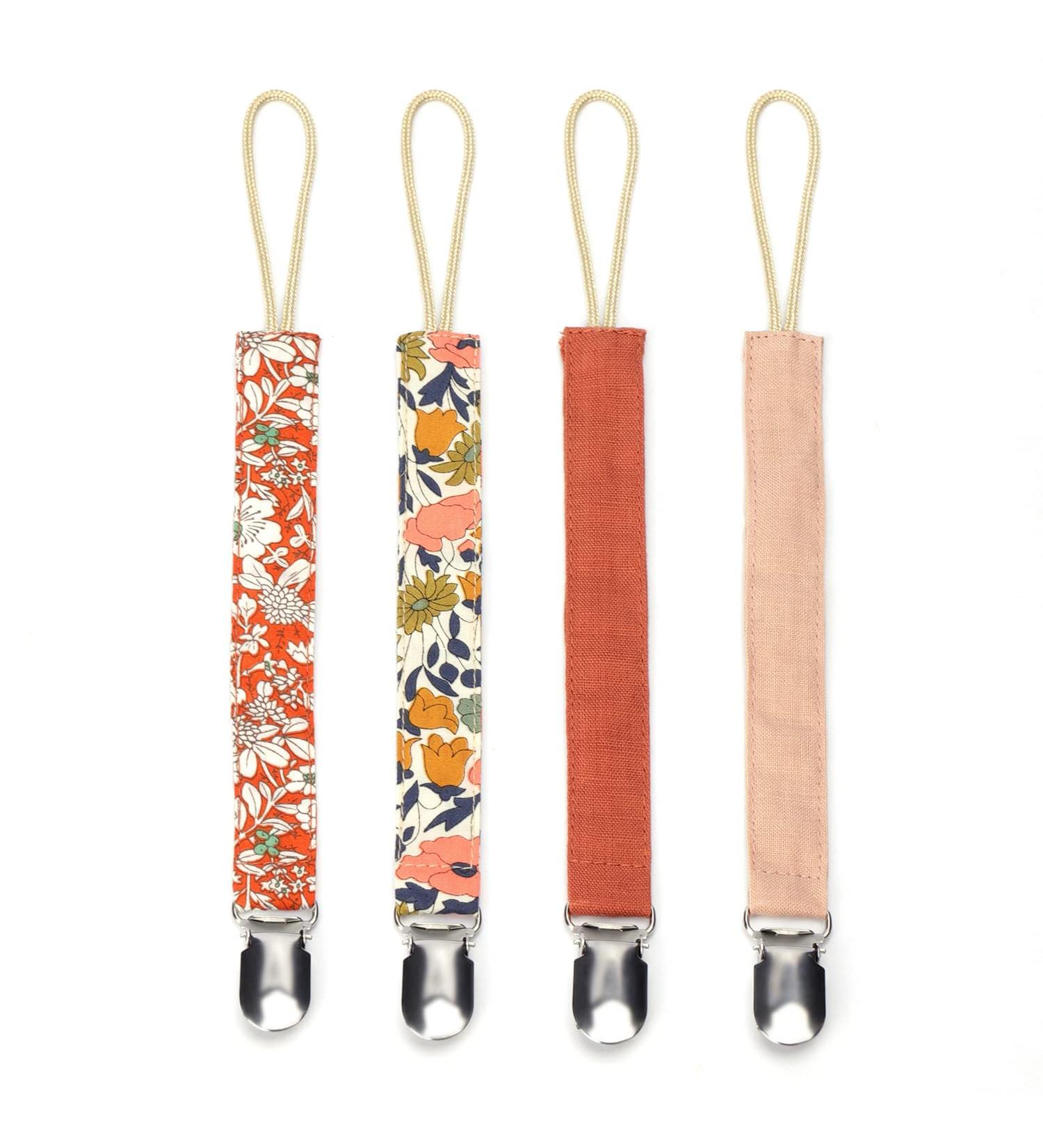 Pacifier Clips Baby Girl Binky Holder Set - 4 Cotton & Linen Teething Clips in Multicolor - Buy Online on GoSupps.com