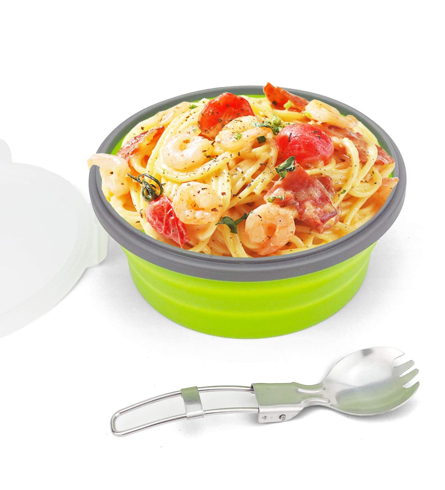 Cyanzi 1200ml Collapsible Camping Bowl with Lid, Stainless Steel Fork, and Spoon - Green | Silicone Food Storage Container for Picnic, Travel, Camping, RV, Fridge - Microwave Safe - Buy Online on GoSupps.com