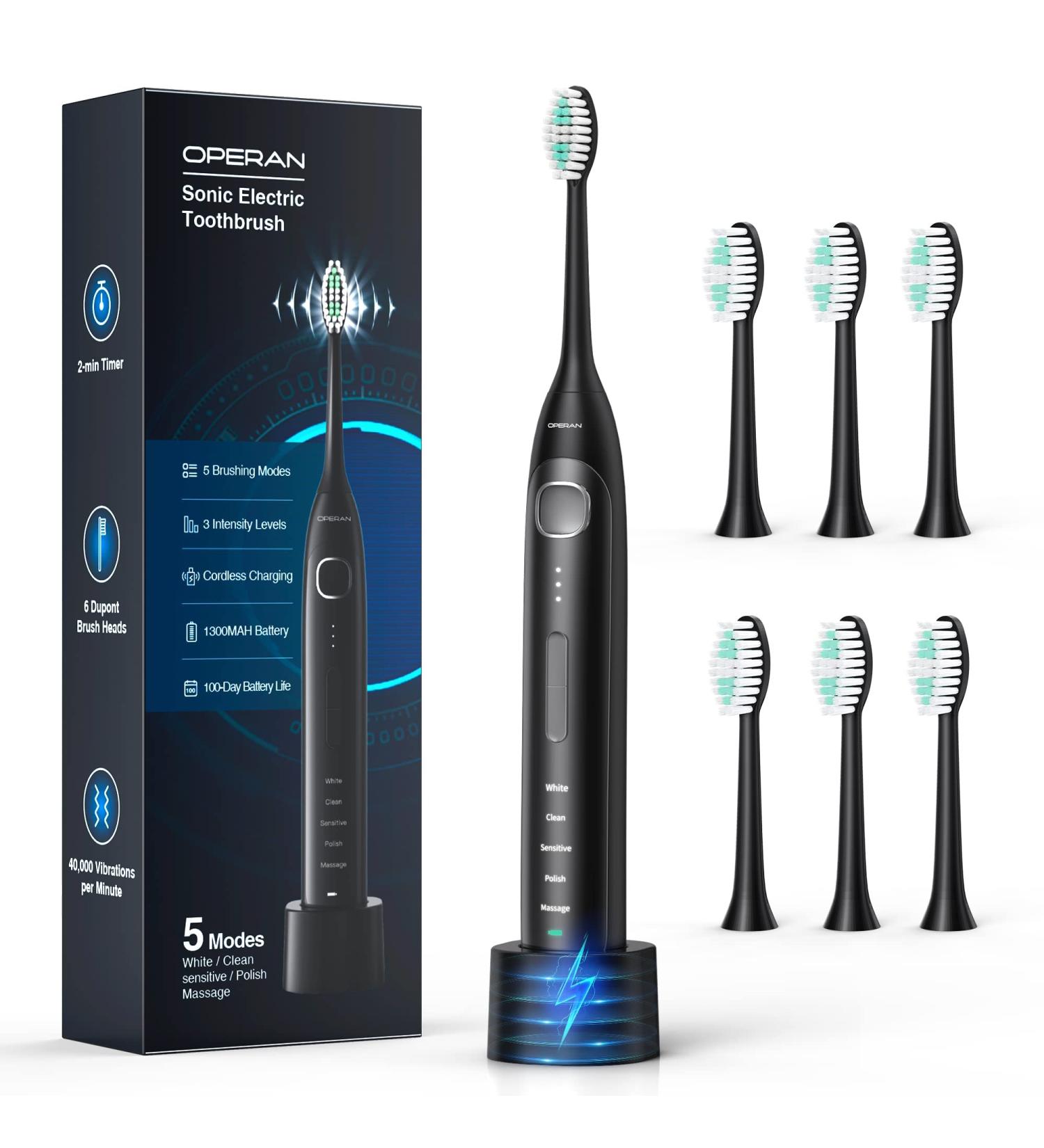 Operan Electric Toothbrush for Adults and Kids - High Power Sonic Rechargeable Toothbrush with Smart Timer, 5 Modes, 6 Brush Heads - 40,000 VPM Motor - 6 Hours Fast Charge - 100 Days Battery Life - Black - Buy Online on GoSupps.com