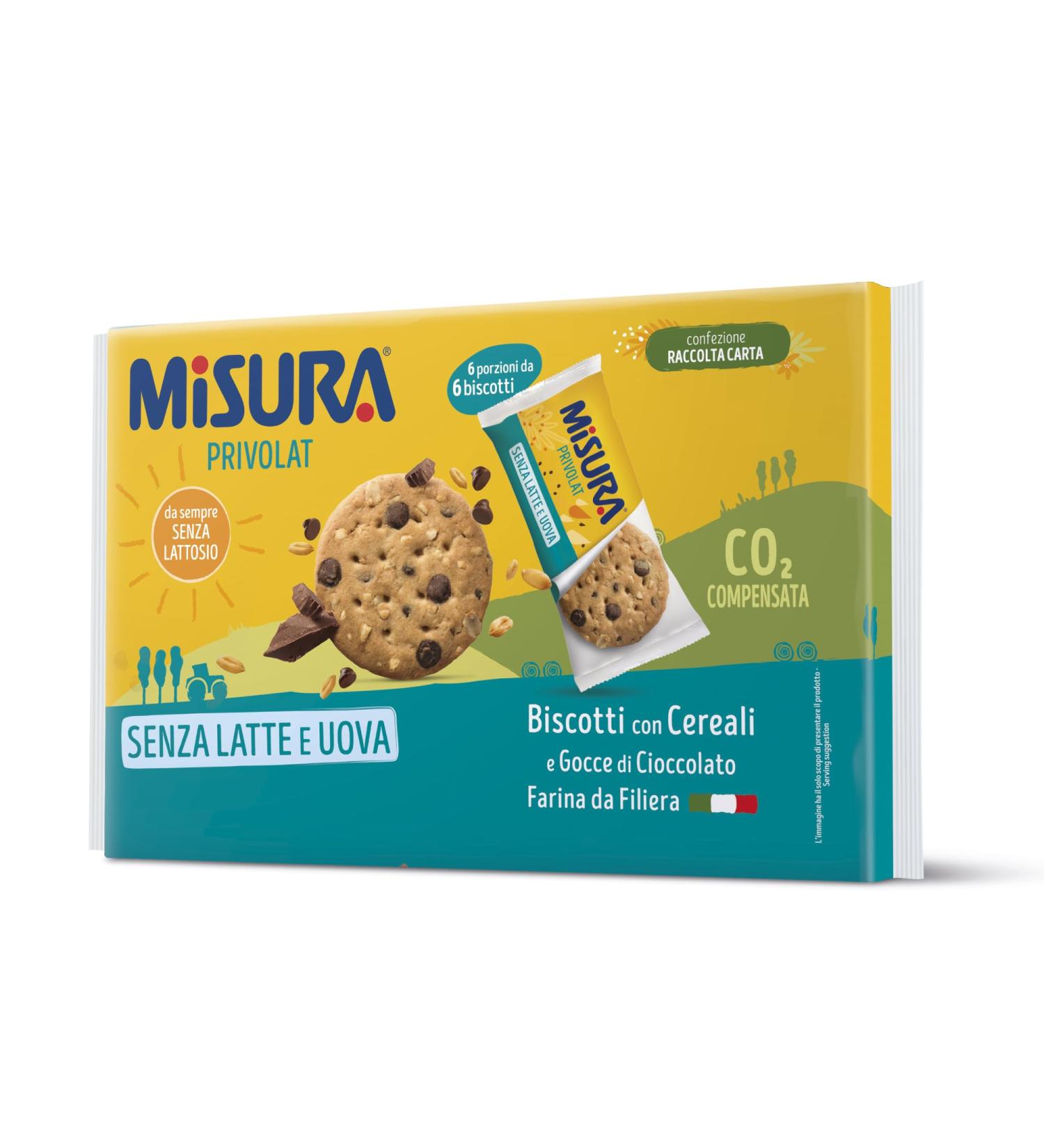  Misura Misura Privolat Cereal Biscuits with Chocolate Drops | Dairy and Egg Free | Flour from Italian Filiera | FSC Certified Paper Packaging | 6 Portions of 6 Biscuits - Buy Online on GoSupps.com