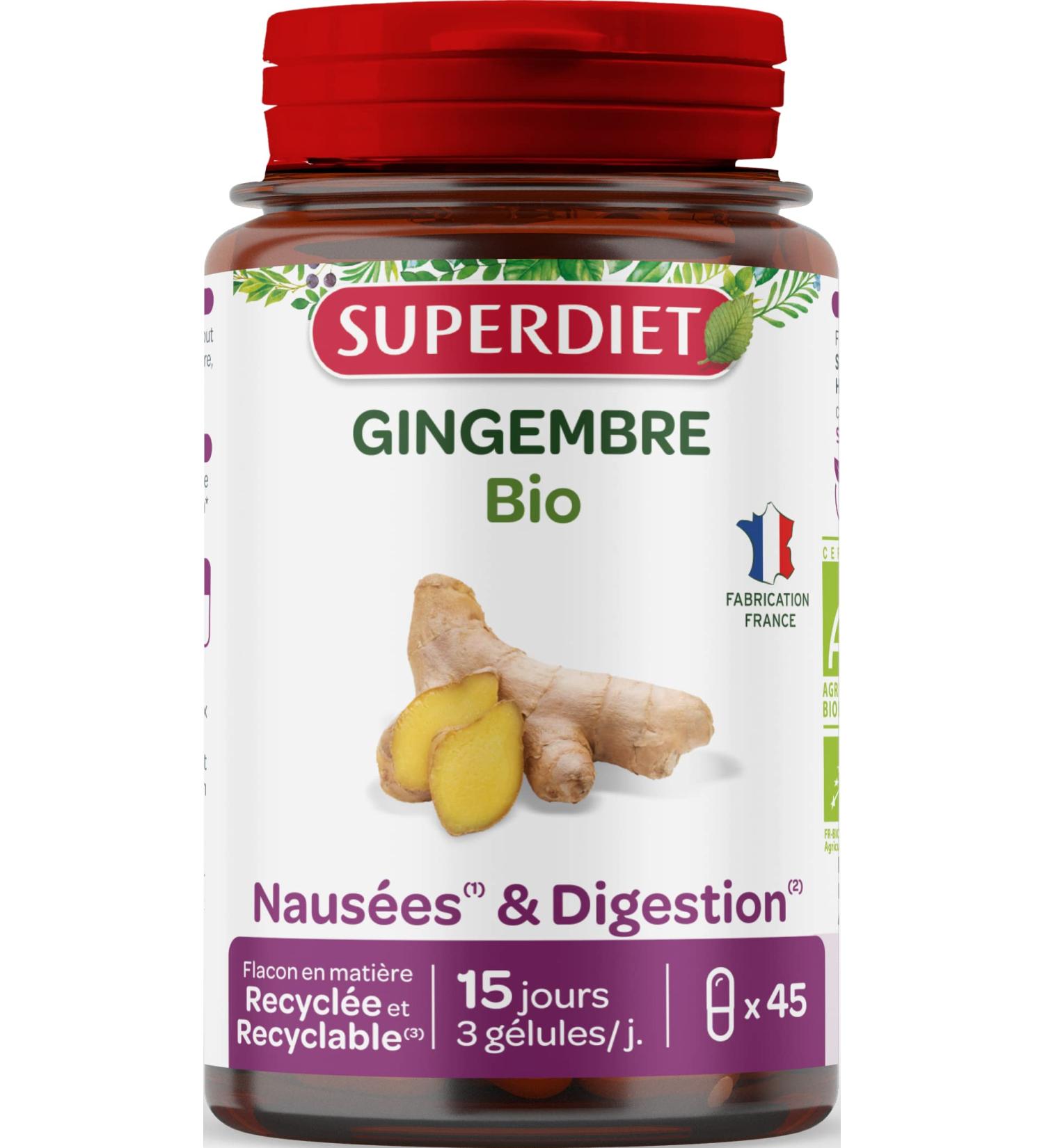 SUPERDIET - ORGANIC GINGER - Nausea pregnancy digestion energizing - Herbal medicine - Made in France - 45 capsules - Buy Online on GoSupps.com