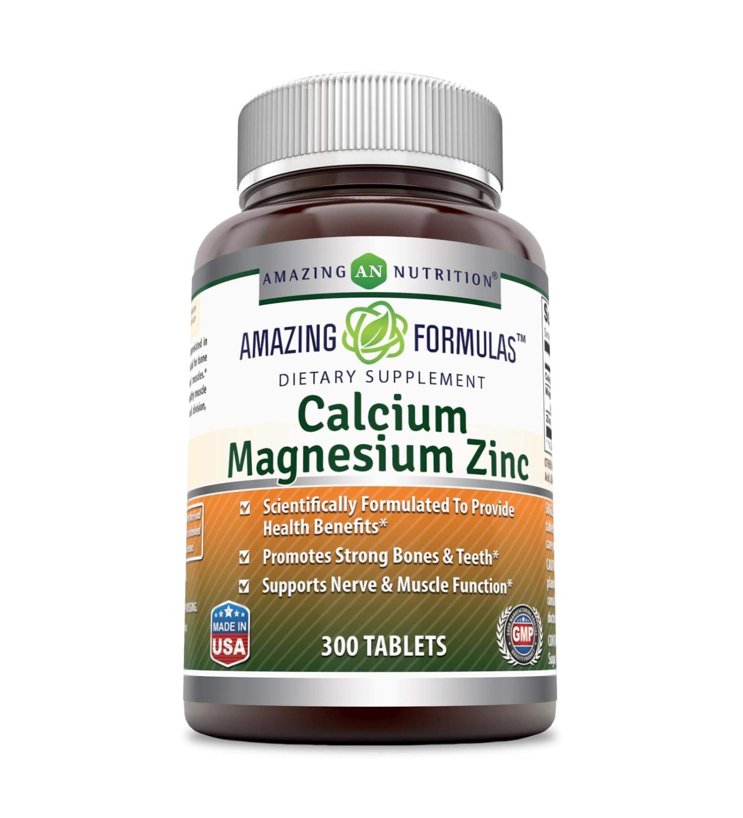 Amazing Nutrition Calcium Magnesium Zinc Dietary Supplement - 300 Tablets - 1000mg Calcium, 400mg Magnesium, 25mg Zinc - 3 Tablet Serving Size - Buy Online on GoSupps.com