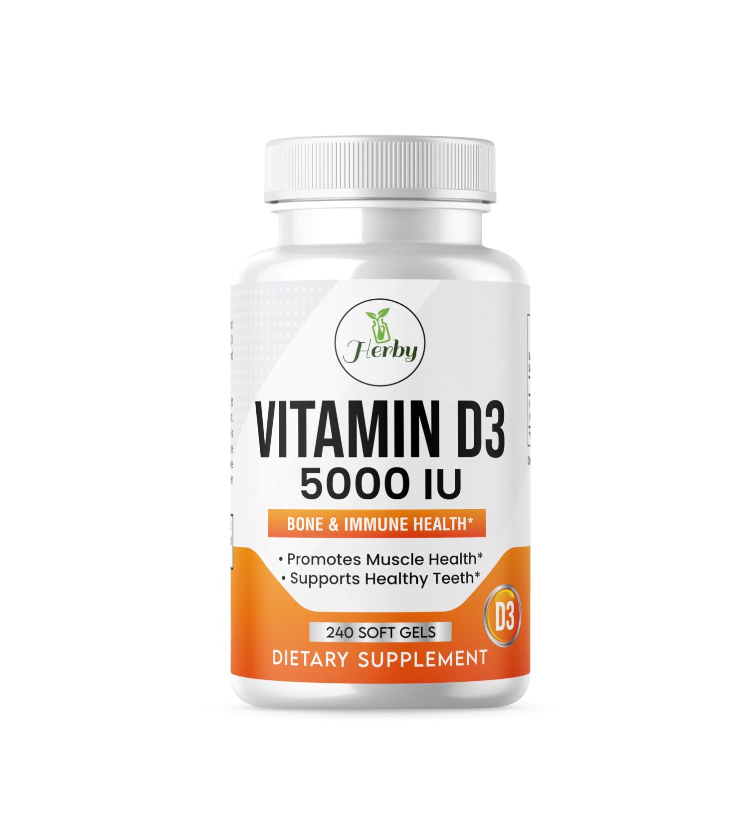 Herby VITMAIN D3 5000 IU Bone Health and Immunity Support Supplement Mood Booster - Halal 240 Count SOFT GEL (Pack of 1) Clear - Buy Online on GoSupps.com