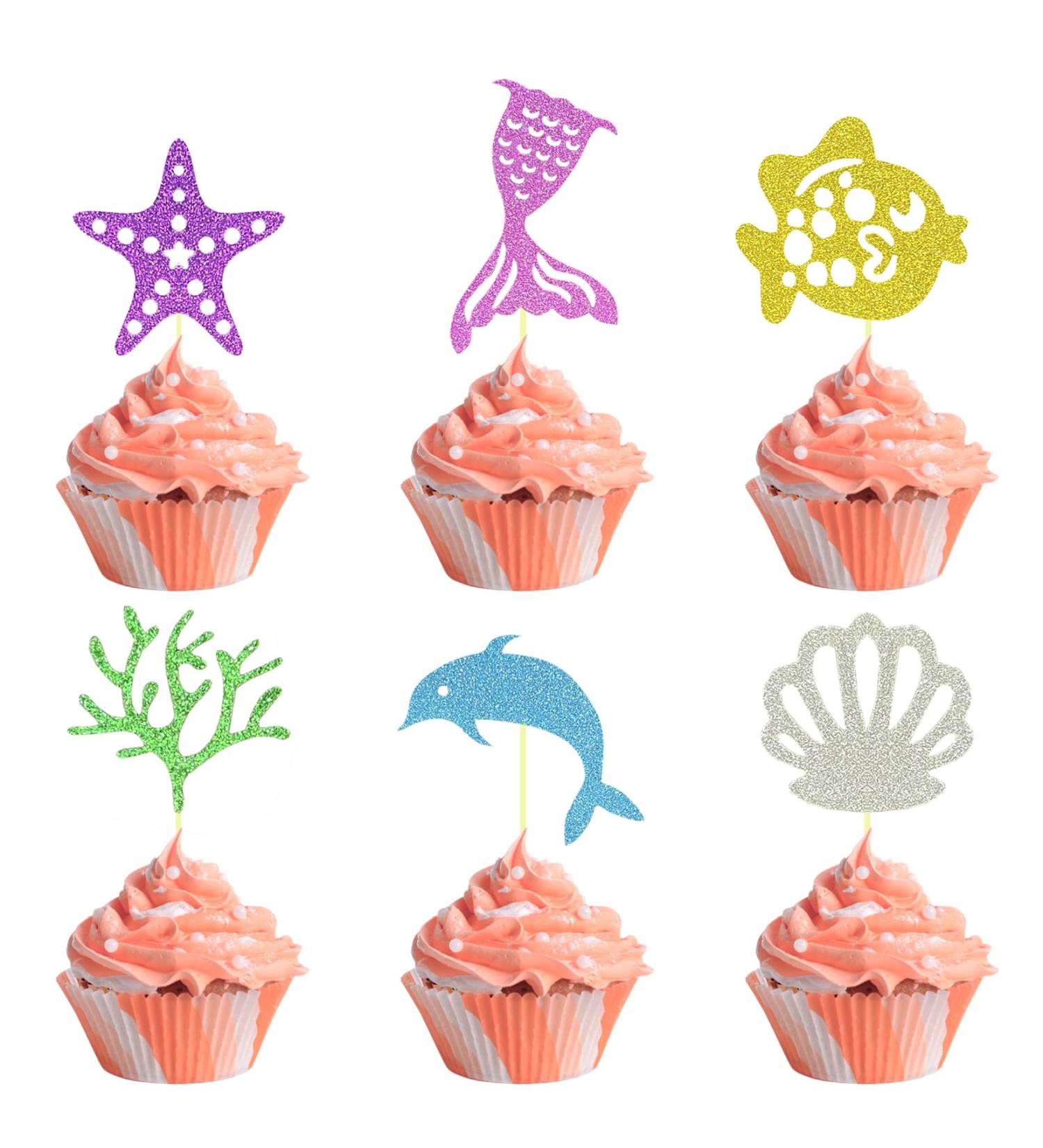 MUOVERN 24pcs Mermaid Cupcake Wrappers Toppers Glitter Mermaid Happy Birthday Cake Seashells Coral Mermaid Tail Starfish Dolphin Cake Decoration Birthday Party Supplies Under The Sea Baby Shower - Buy Online on GoSupps.com