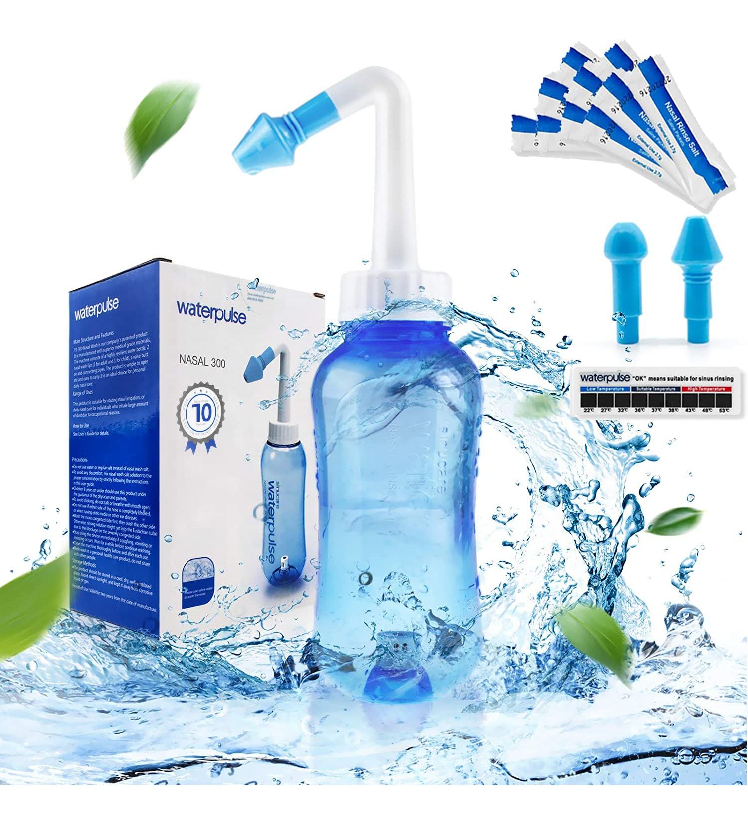 Water Pulse Nasal Shower - 300ml Neti Pot with 10 Salt Packets & Thermometer | BPA Free Sinus Flushing for Adults & Kids - Buy Online on GoSupps.com