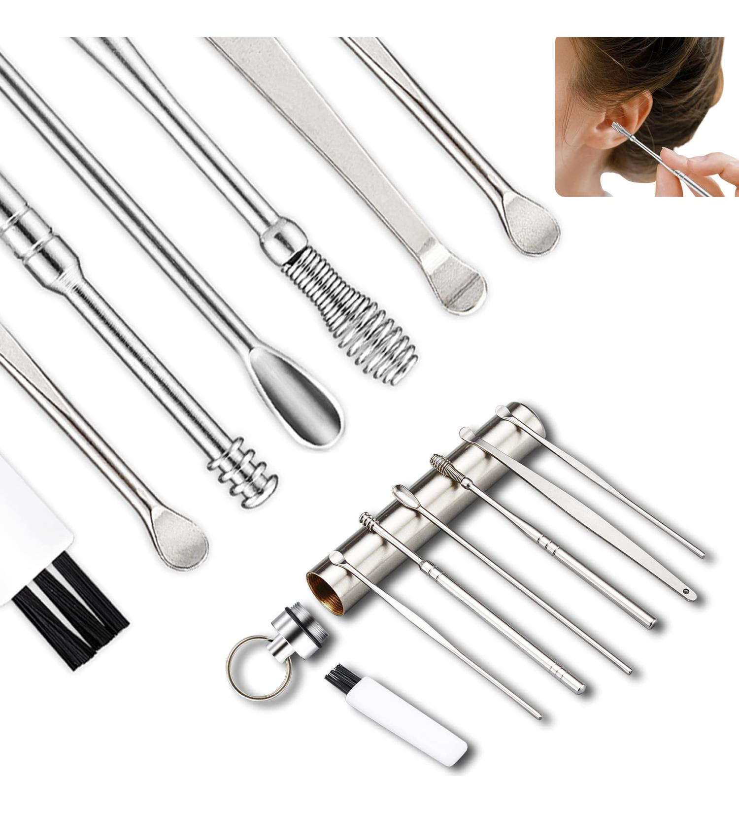 Riquie Spring Ear Wax Cleaner Tool - Portable Stainless Steel Earwax Removal Kit - 7-in-1 Ear Spoon with Brush - Key Chain Storage - Silver - Buy Online on GoSupps.com