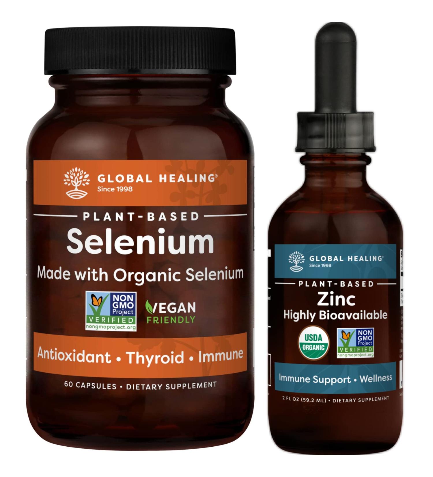Global Healing Selenium and Zinc Kit - Liquid Supplement for Skin Health & Immune Support - Vegan Antioxidants - 2 Fl Oz 60 Capsules - Buy Online on GoSupps.com