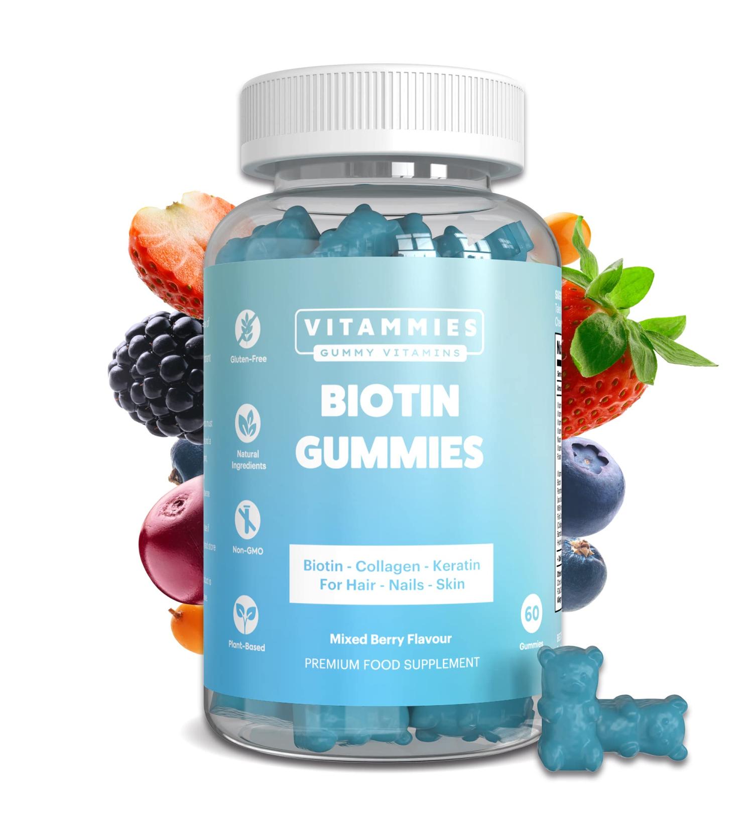 Vitammies Biotin Gummies 5000mcg for Hair Skin and Nails - 60 Gummies | Multivitamin for Women with Biotin, Keratin & Fish Collagen | Non Vegan, Anti-Aging, Gluten-Free, Plant-Based - Buy Online on GoSupps.com