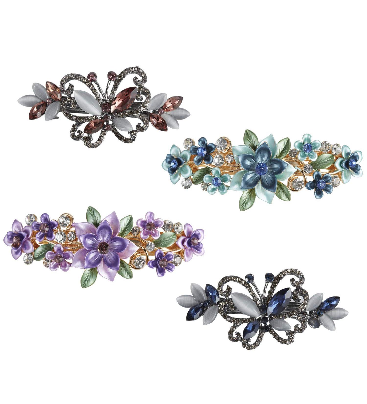 4 Pack Floral Butterfly Rhinestone Hair Clips - Sparkly Gems Metal Snap Barrettes for Women and Girls - Buy Online on GoSupps.com