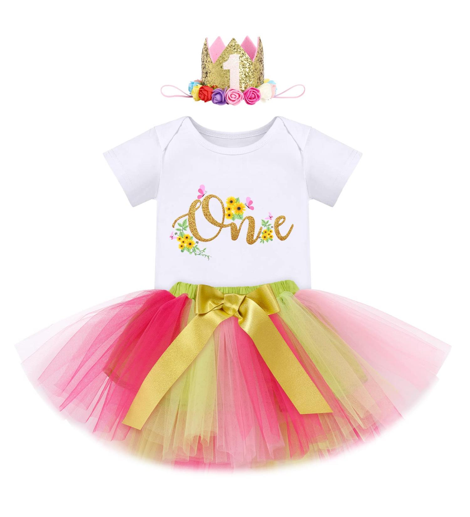 FYMNSI Baby Girl 1st Birthday Outfit 3pcs Set, Flower Printed Romper Tutu Skirt Crown Headband, Yellow Pink - Size 1 - Buy Online on GoSupps.com