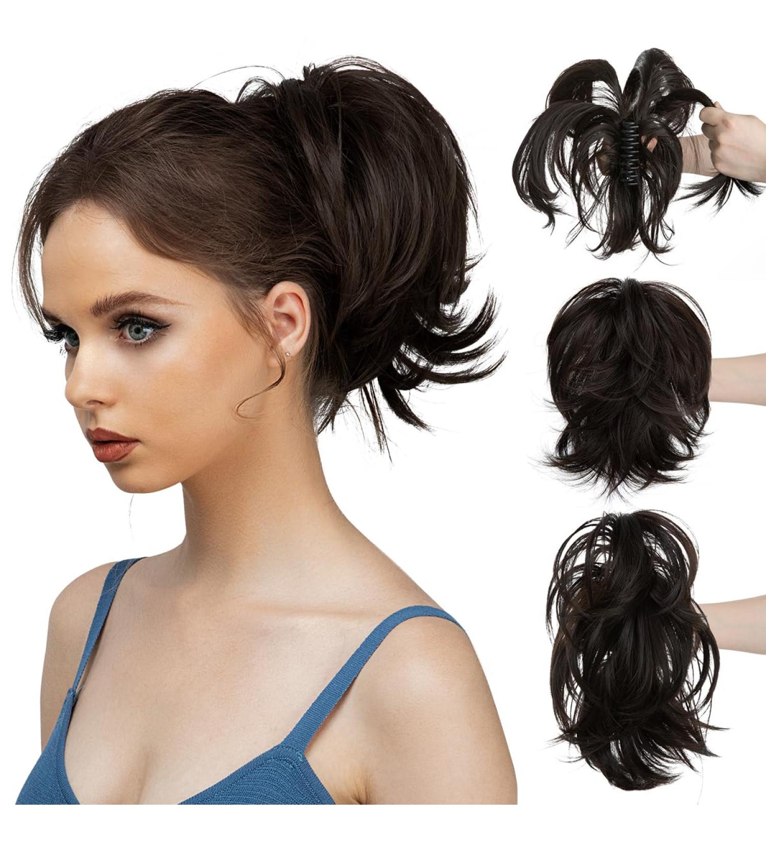 Short Ponytail Hair Extension Claw Clip | Bendable Metals | Messy Bun | Black/Brown 8 inch - Buy Online on GoSupps.com
