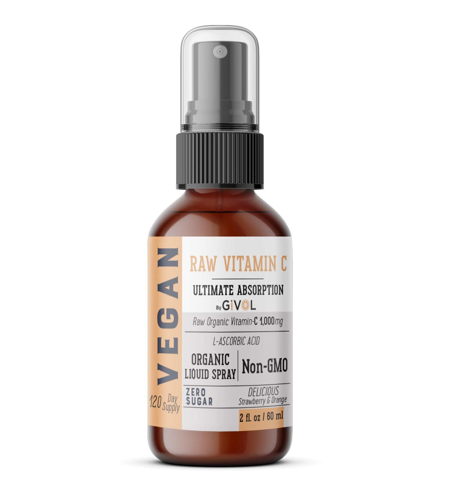 GIVOL Organic Raw Vitamin C Mist - Extra Strength L-Ascorbic Acid Liquid Extract for Kids & Adults - Immune Boost - Vegan - Easy Absorption - Orange/Strawberry Flavor - Non-GMO - 2 oz - Buy Online on GoSupps.com