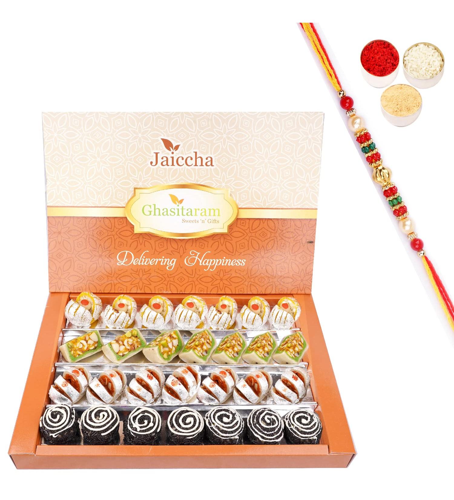 Jaiccha Ghasitaram Rakhi Gifts for Brothers Dryfruit Fancy Sweets 800 GMS with Beads Rakhi - Buy Online on GoSupps.com
