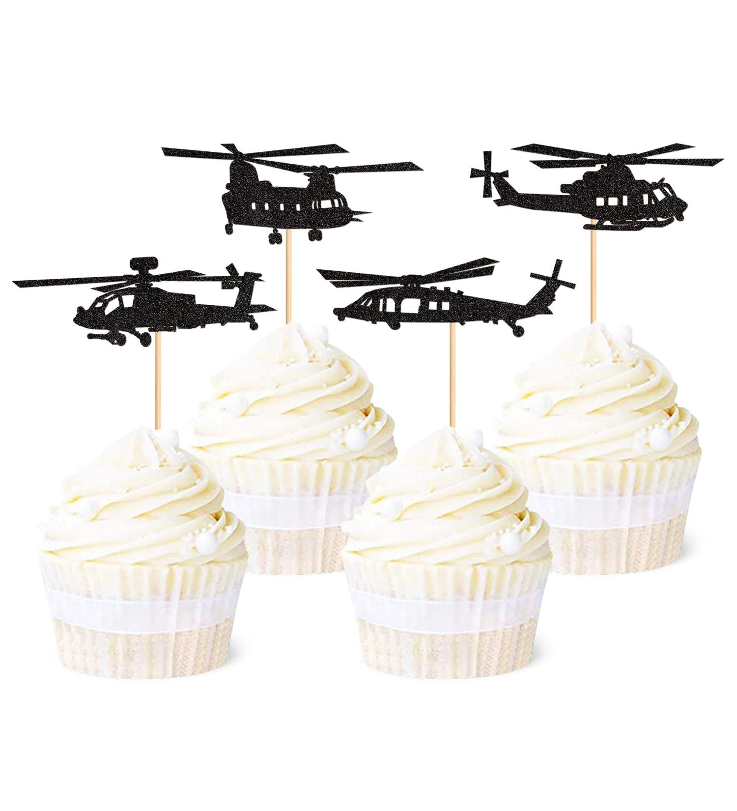 Ercadio 24 Pack Helicopter Cupcake Toppers Black Glitter Aircraft Cupcake Picks Plane Cupcake Toppers for Airplane Theme Party Birthday Baby Shower Cake Decor Supplies C-black 2 - Buy Online on GoSupps.com