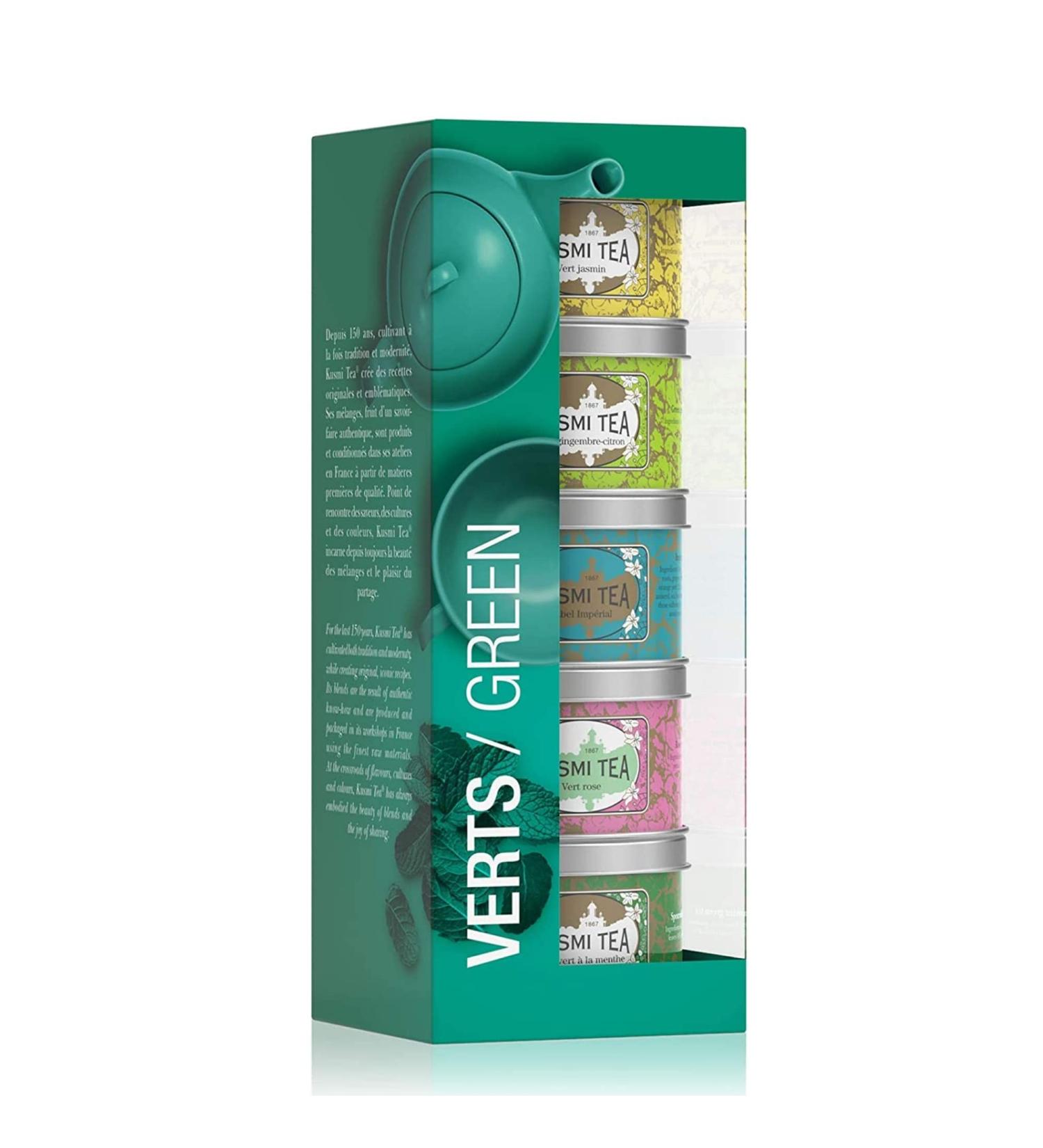 Kusmi Tea Gift Set - 5 Mini Metal Cans of Green Tea in Natural Flavors - Jasmine Ginger Lemon Label Imp rial Rose Mint - Packed in France - Buy Online on GoSupps.com