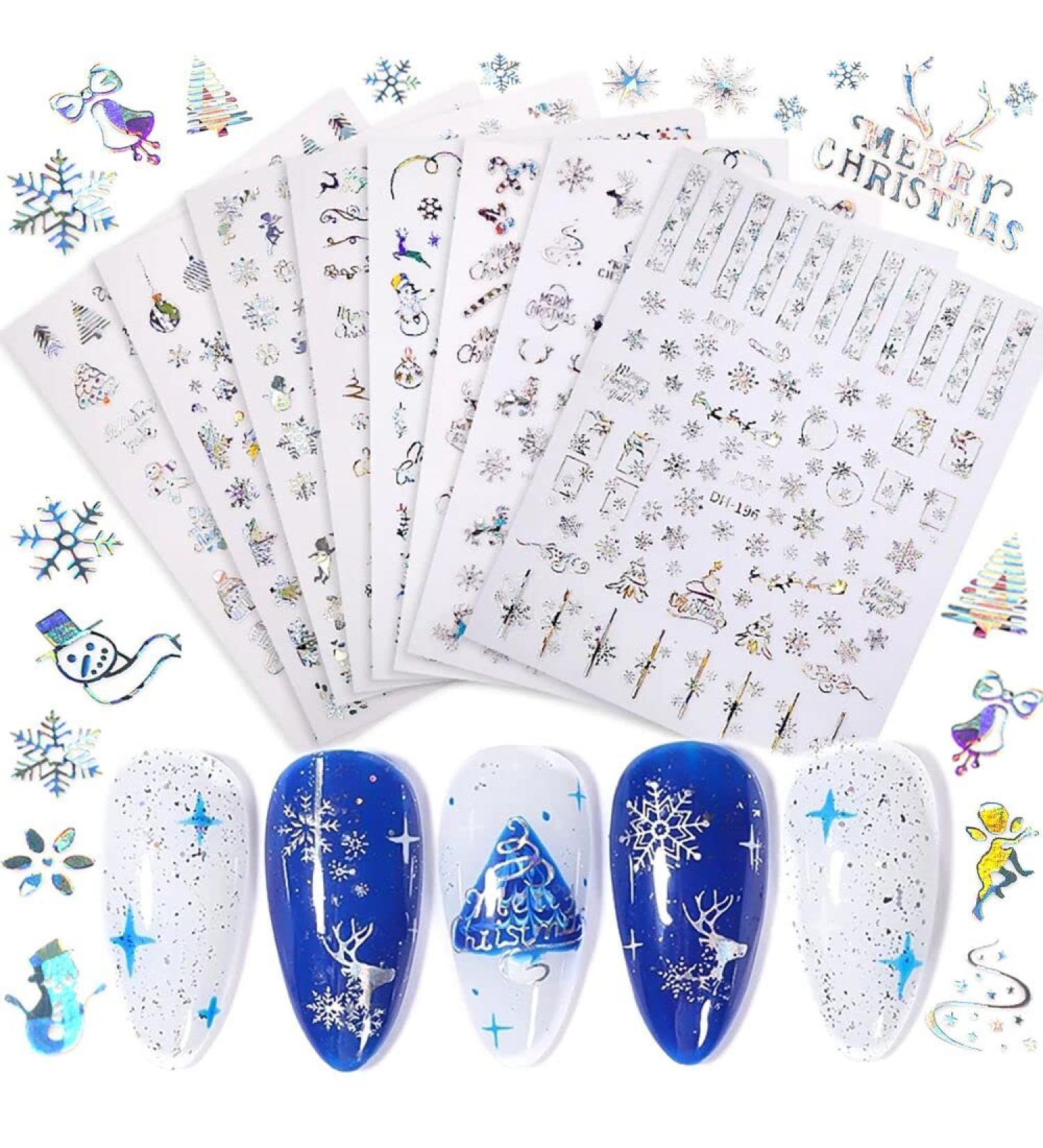 Christmas Nail Sticker - 8 Sheets 3D Christmas Nail Art Decals Laser Silver Self-Adhesive Santa Claus Deer Snowflakes Snowmen Xmas Nail Sticker for Women Girls Nail Design Manicure Decorations - Buy Online on GoSupps.com