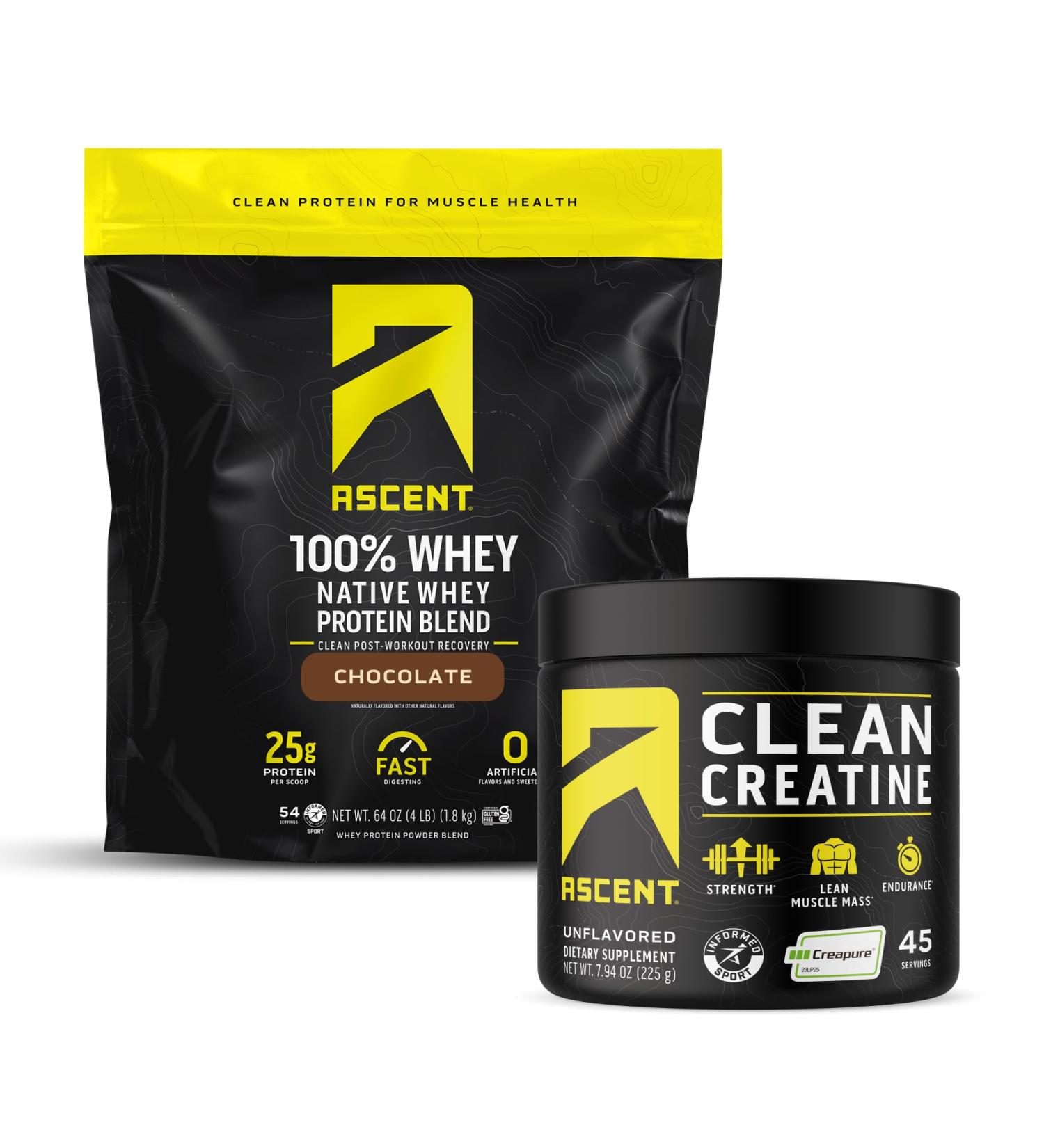 Ascent 100% Whey Protein Powder, Chocolate 4 lb & Creatine Monohydrate Powder, Unflavored 45 Servings - Buy Online on GoSupps.com