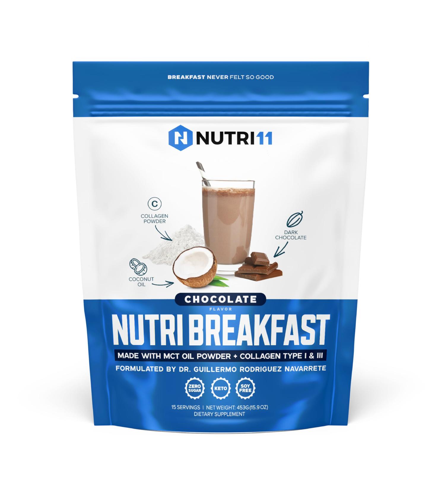 NutriBreakfast - Protein Collagen Peptides Powder with MCT Oil | Grass Fed Bovine Collagen Type I & III | Low Carb Keto Supplement for Men & Women | 15 Servings Chocolate 15.9 oz - Buy Online on GoSupps.com