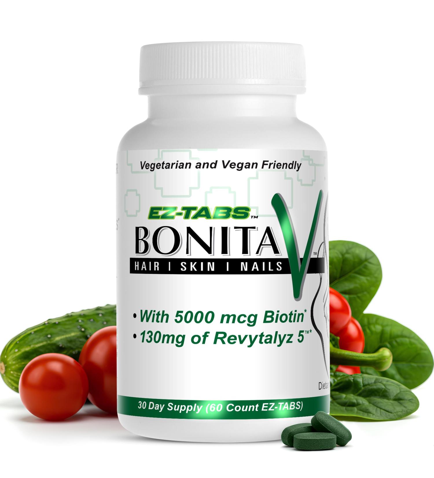 Essential Source Bonita V - Hair Skin & Nails Vitamins for Women and Men - 20 Active Ingredients with 5000 mcg Biotin - Revytalyz 5 Collagen Support Blend - Easy-Swallow Vegan Tablets (60 EZ-TAB) - Buy Online on GoSupps.com
