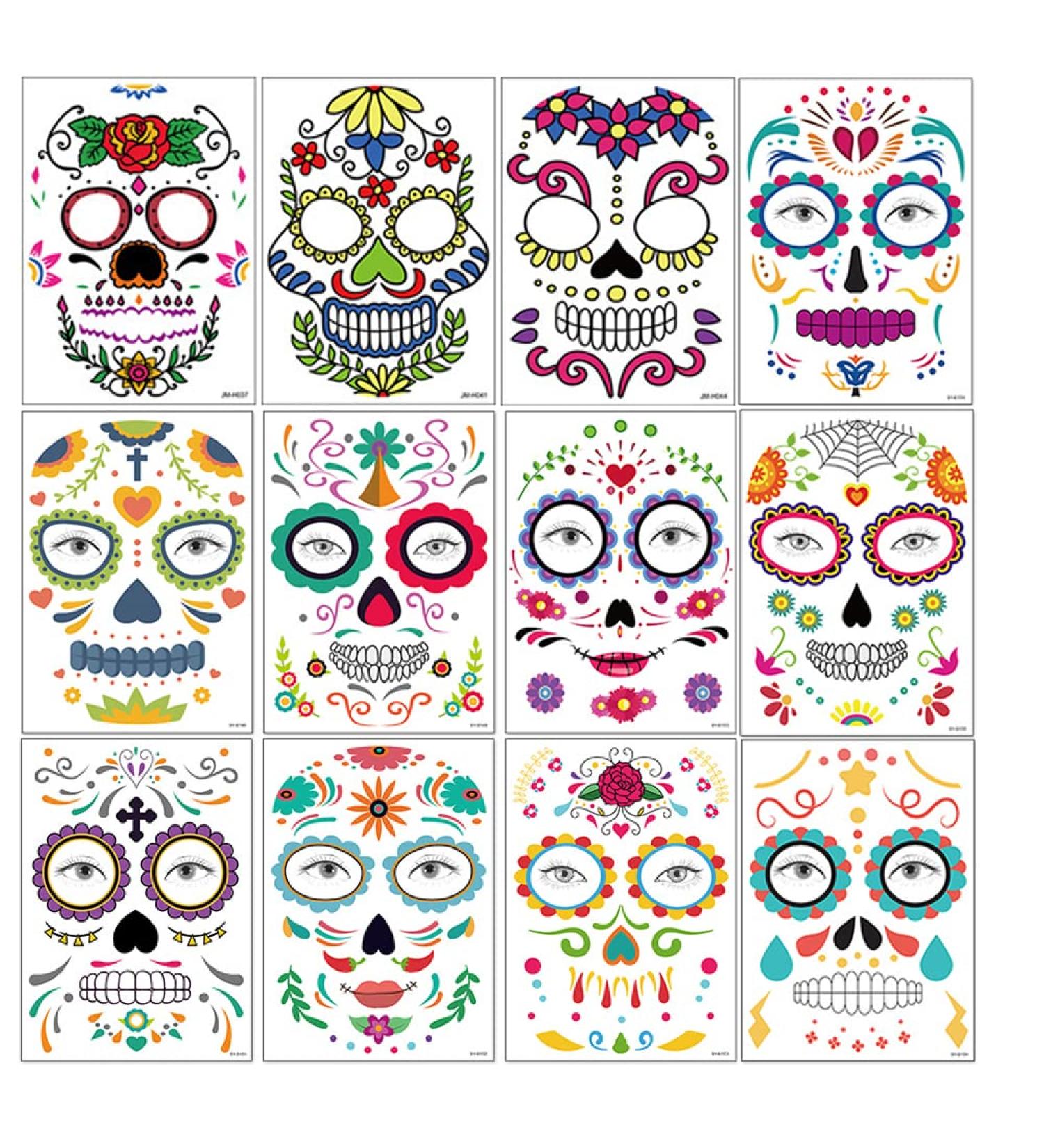 Halloween Temporary Face Tattoos Set - 13PCS Masquerade Skull Face Red Rose Mask Designs for Women, Girls, Men & Adults - Buy Online on GoSupps.com