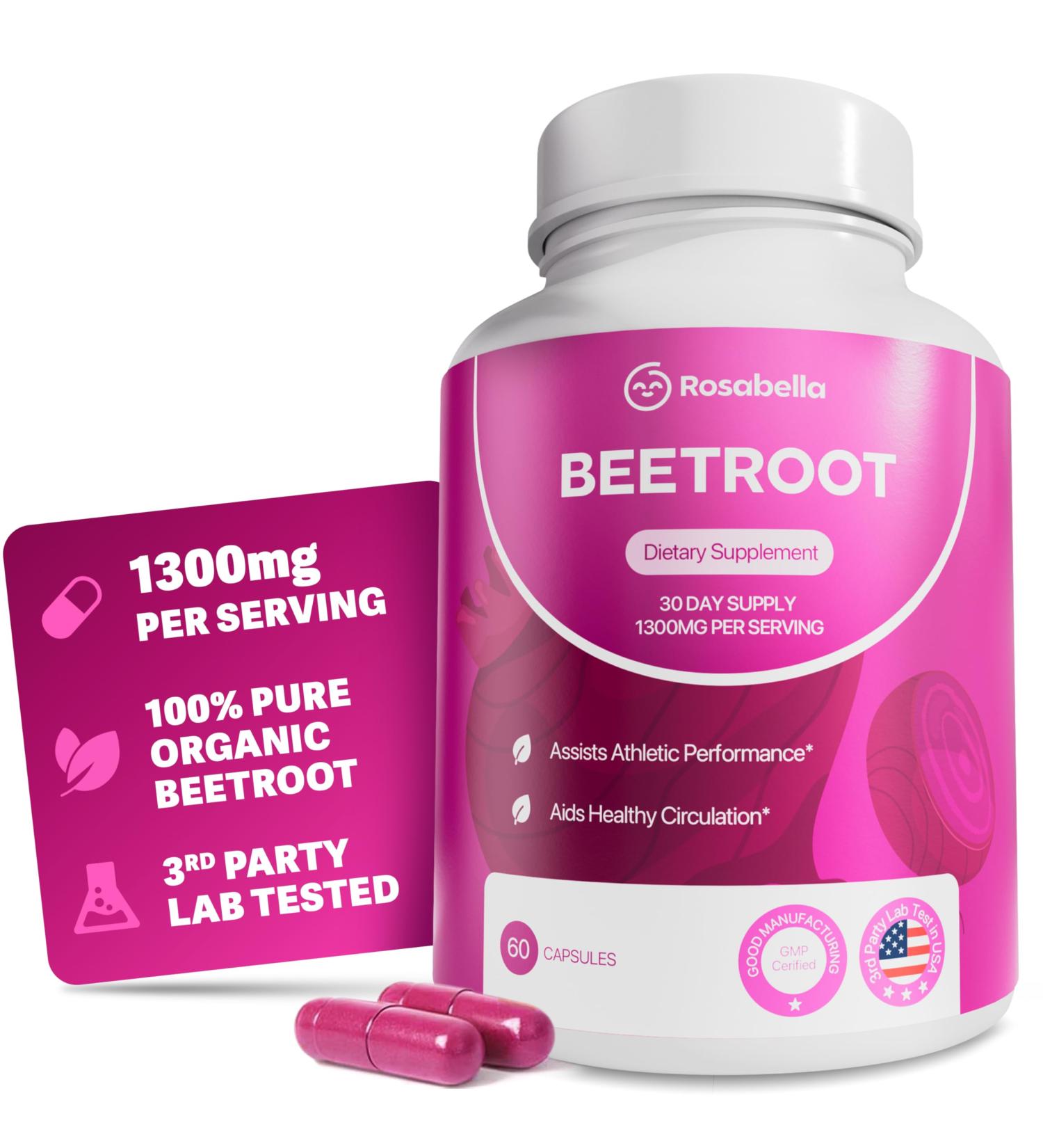 Rosabella Organic Beet Root Capsules - 1300mg Beet Root Powder Aids Healthy Circulation & Vitality Non-GMO Beet Root Supplement - 60 Capsules 30-Day Supply 60 Count (Pack of 1) - Buy Online on GoSupps.com