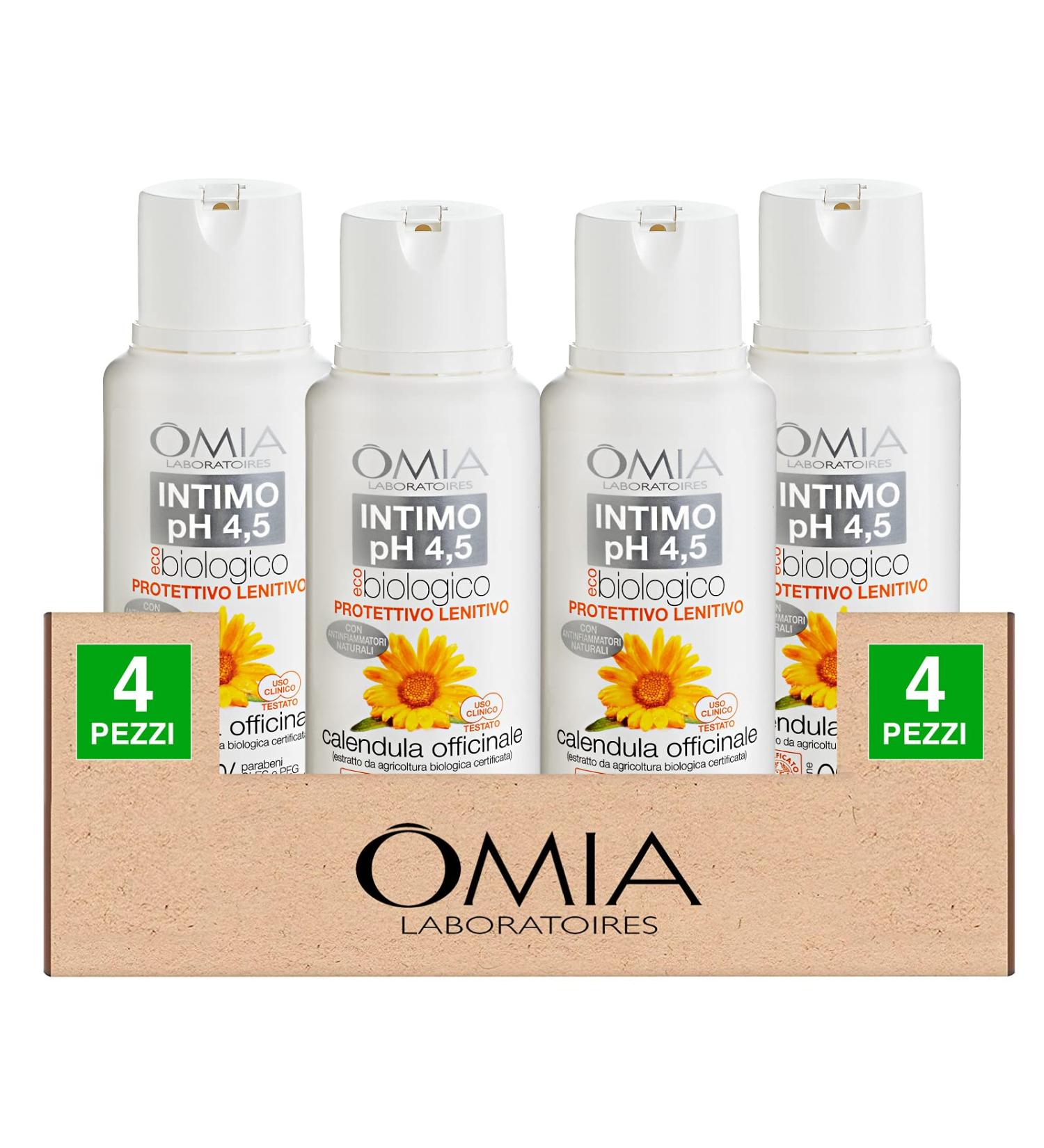 Omia 4 x Omia Ecobiological Intimate Cleansing Protective and Lenitive with Calendula Officinale and Natural Anti-inflammatories. Free from preservatives and dyes. pH 4.5 - 4 bottles of 250 ml each