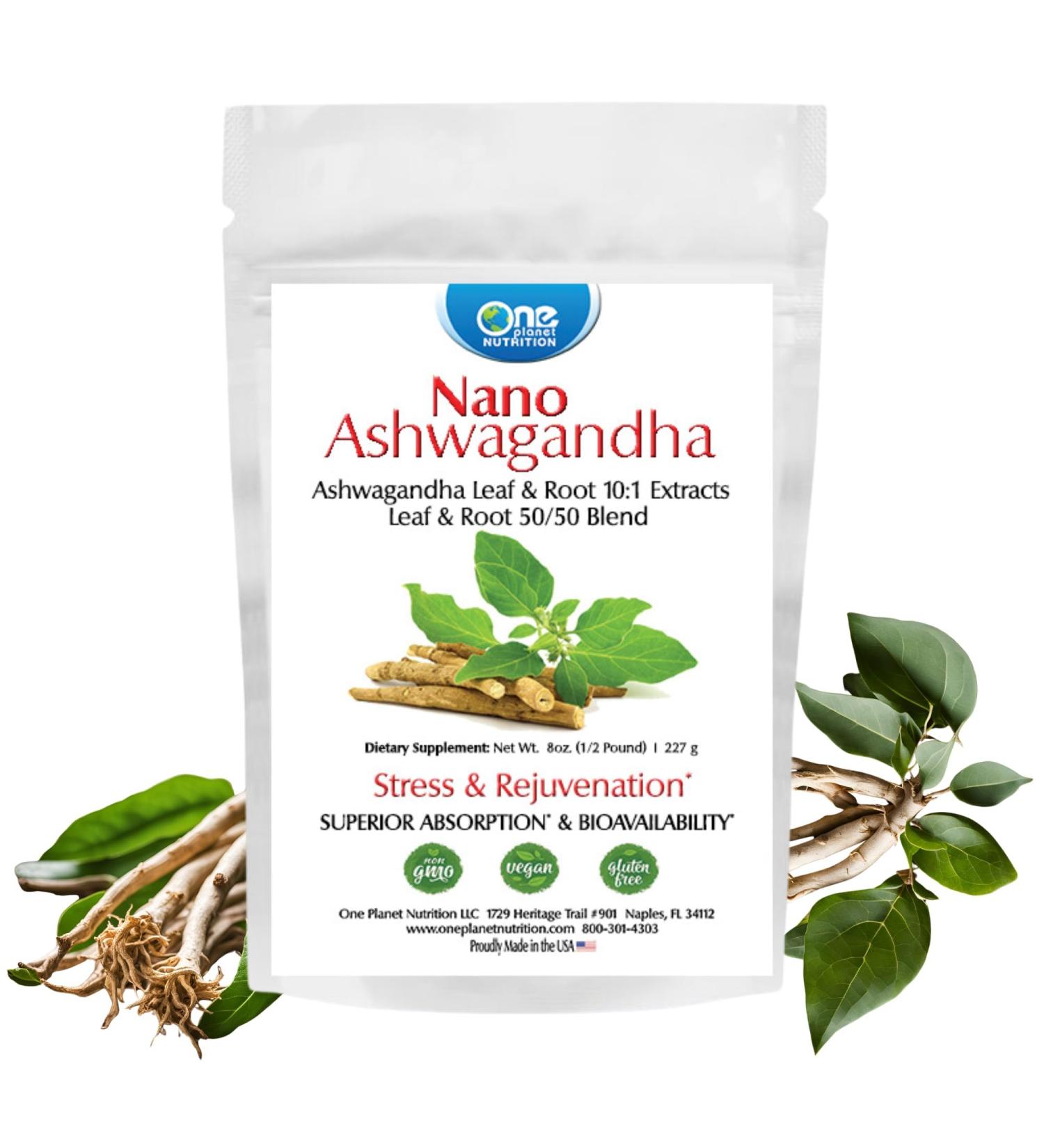 One Planet Nutrition Nano Ashwagandha Leaf & Root Powder 8 oz (227 Servings) - Nano-Particle Size Ashwagandha 10:1 Extract - Supports Mental Clarity & Mood - Non-GMO Vegan Gluten-Free