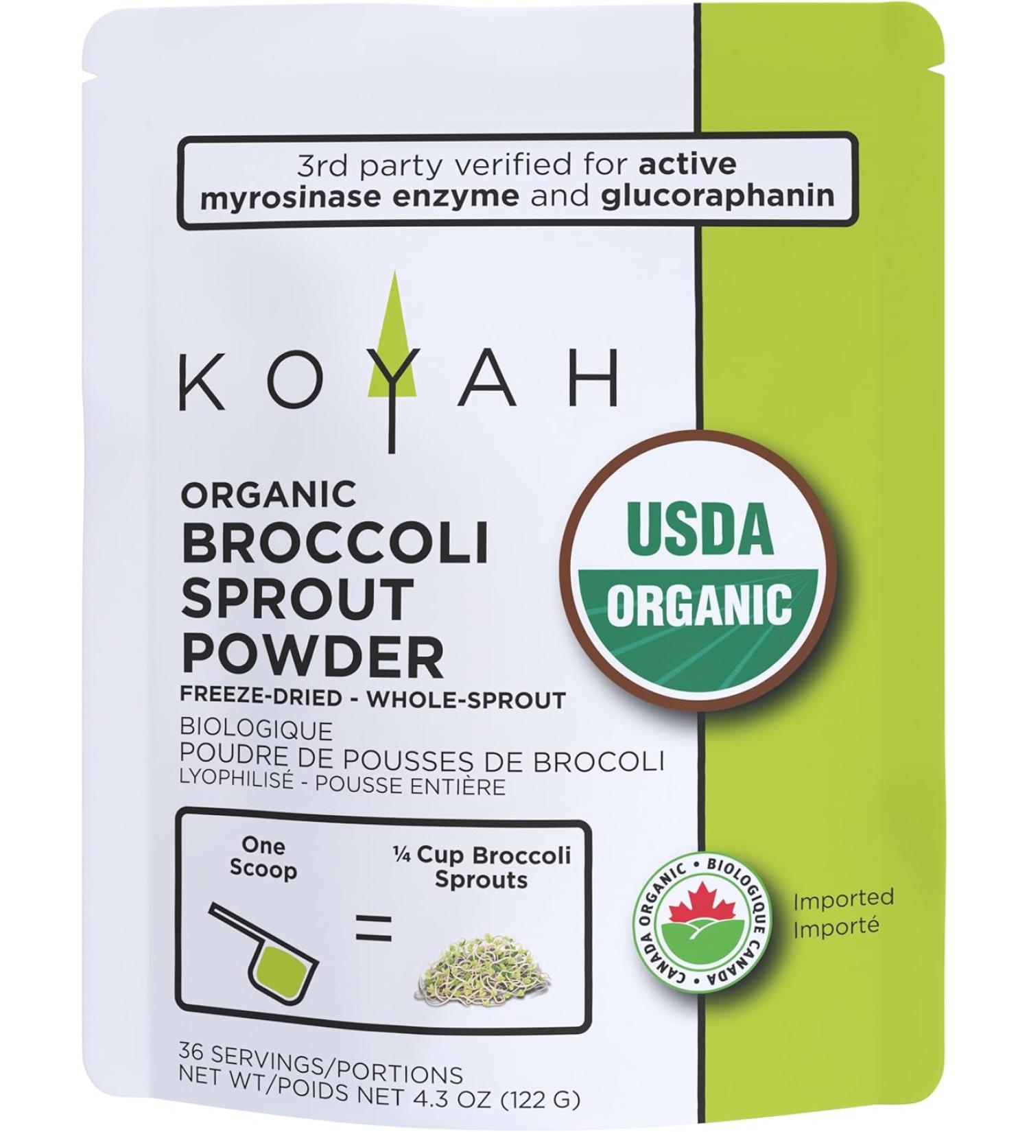KOYAH - Organic Broccoli Sprout Powder (1 Scoop 1/4 Cup Sprouts): 36 Servings Freeze-dried Tested for Active Myrosinase and Glucoraphanin (Sulforaphane Glucosinolate) - Buy Online on GoSupps.com
