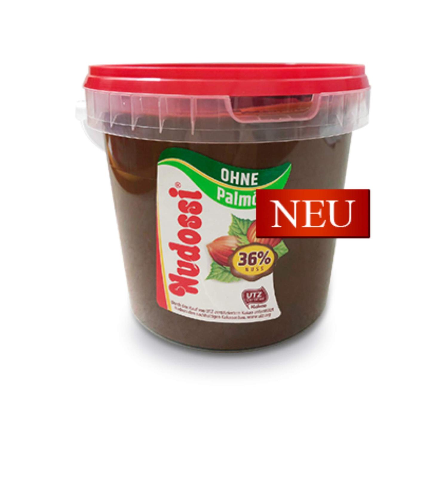 Nudossi hazelnut nougat cream with 36% hazelnuts (without palm oil) in bucket UTZ MB Bucket UTZ MB 1.25 kg