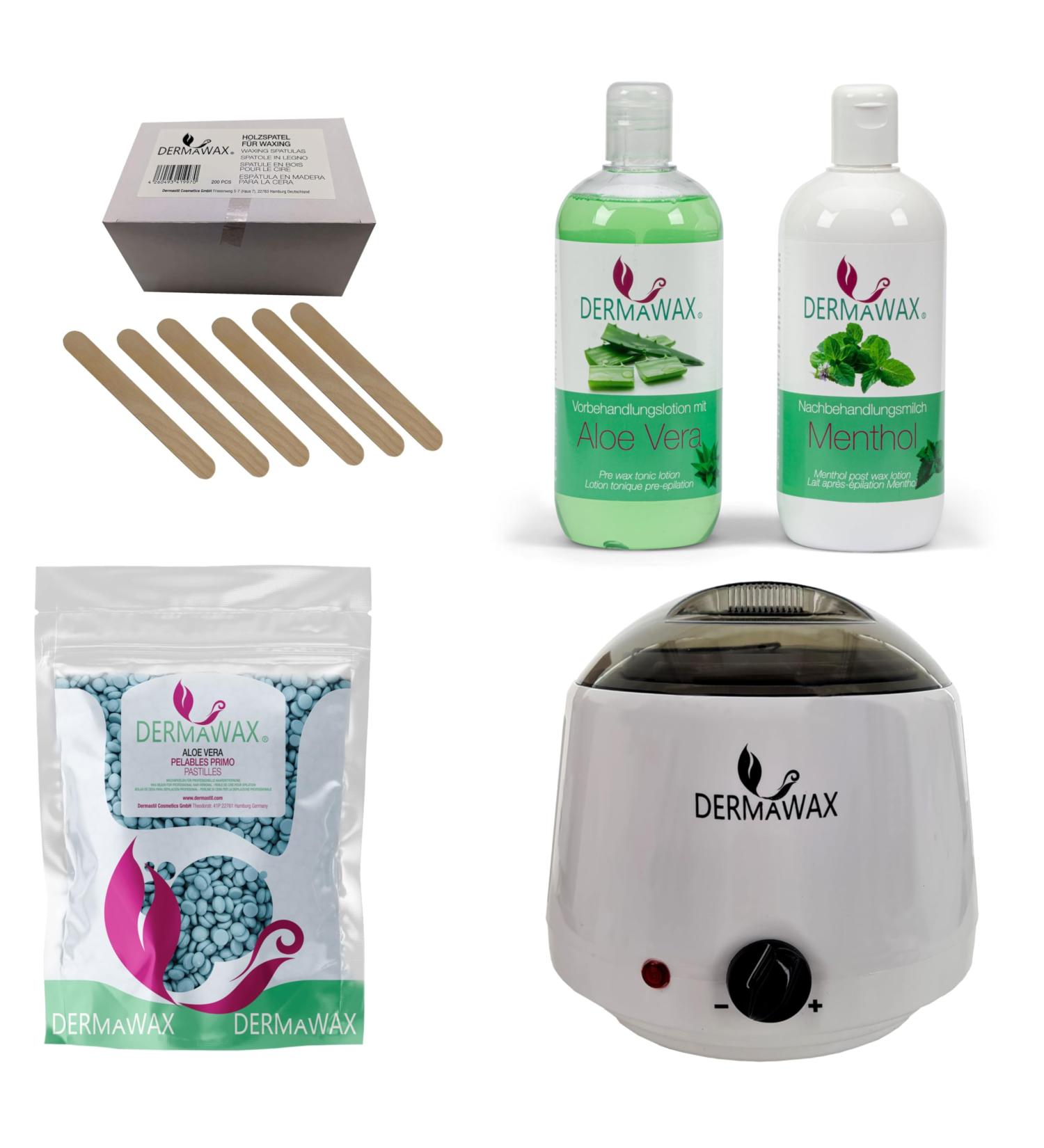 Dermawax Profi Waxing Set | 1000ml Wax Device 1kg Aloe Vera Wax 500ml Pre-Treatment 500ml Menthol Aftercare 200 Wood Spatulas | International Shipping Available - Buy Online on GoSupps.com