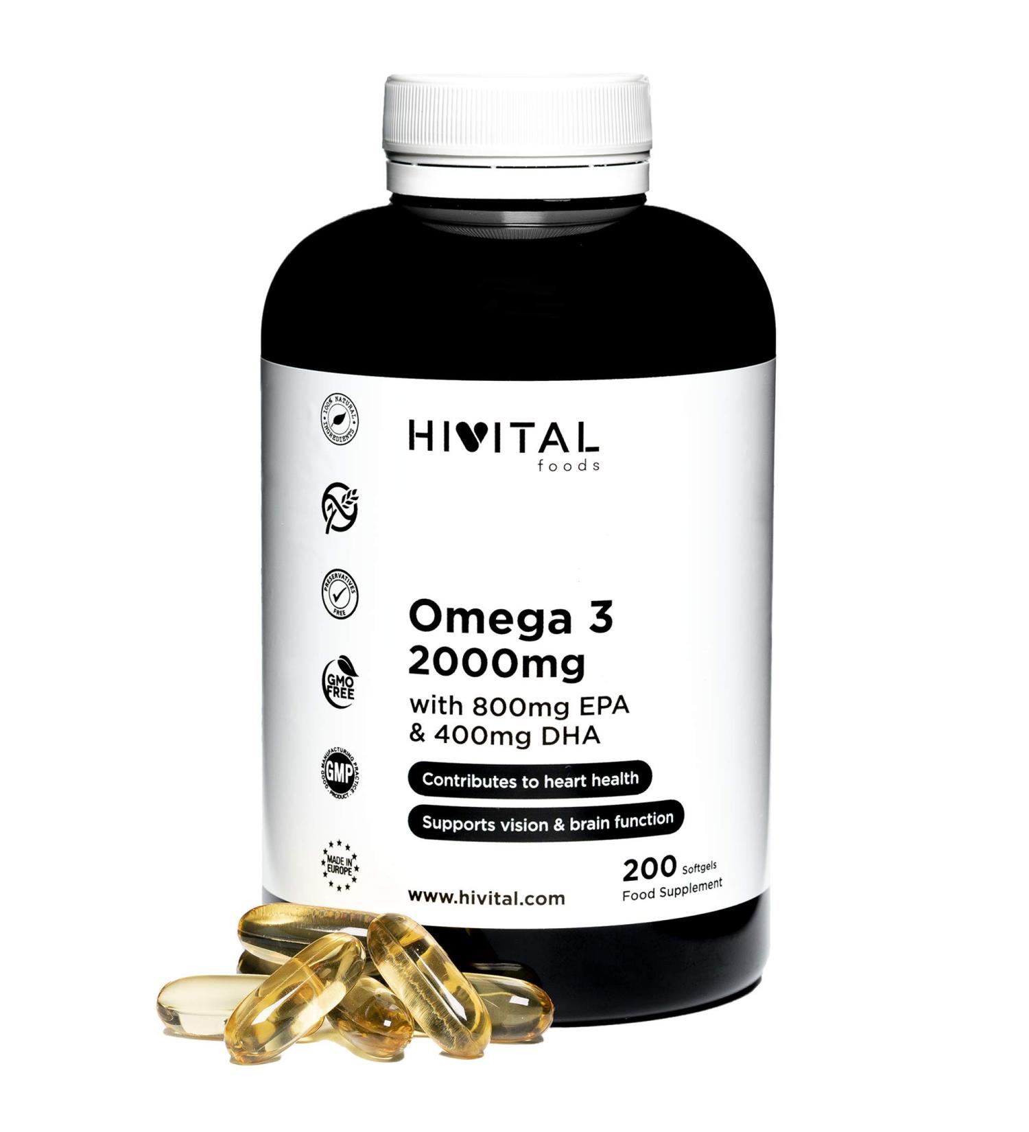 Omega 3 2000 mg. 200 capsules for 3 months. With 800mg EPA 400mg DHA and Vitamin E. The only one with Spanish fish oil that contributes to heart brain and eye health - Buy Online on GoSupps.com