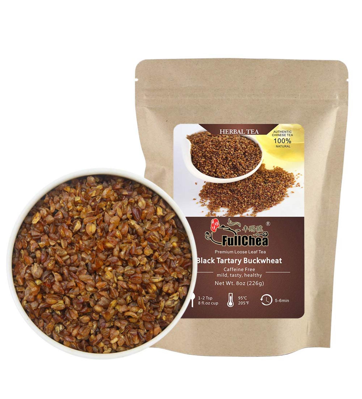FullChea Himalayan Tartary Buckwheat Tea - 8oz - Caffeine-Free Loose Leaf Herbal Tea - Non-GMO & Gluten-Free - 100% Natural Black Roasted Buckwheat - Buy Online on GoSupps.com