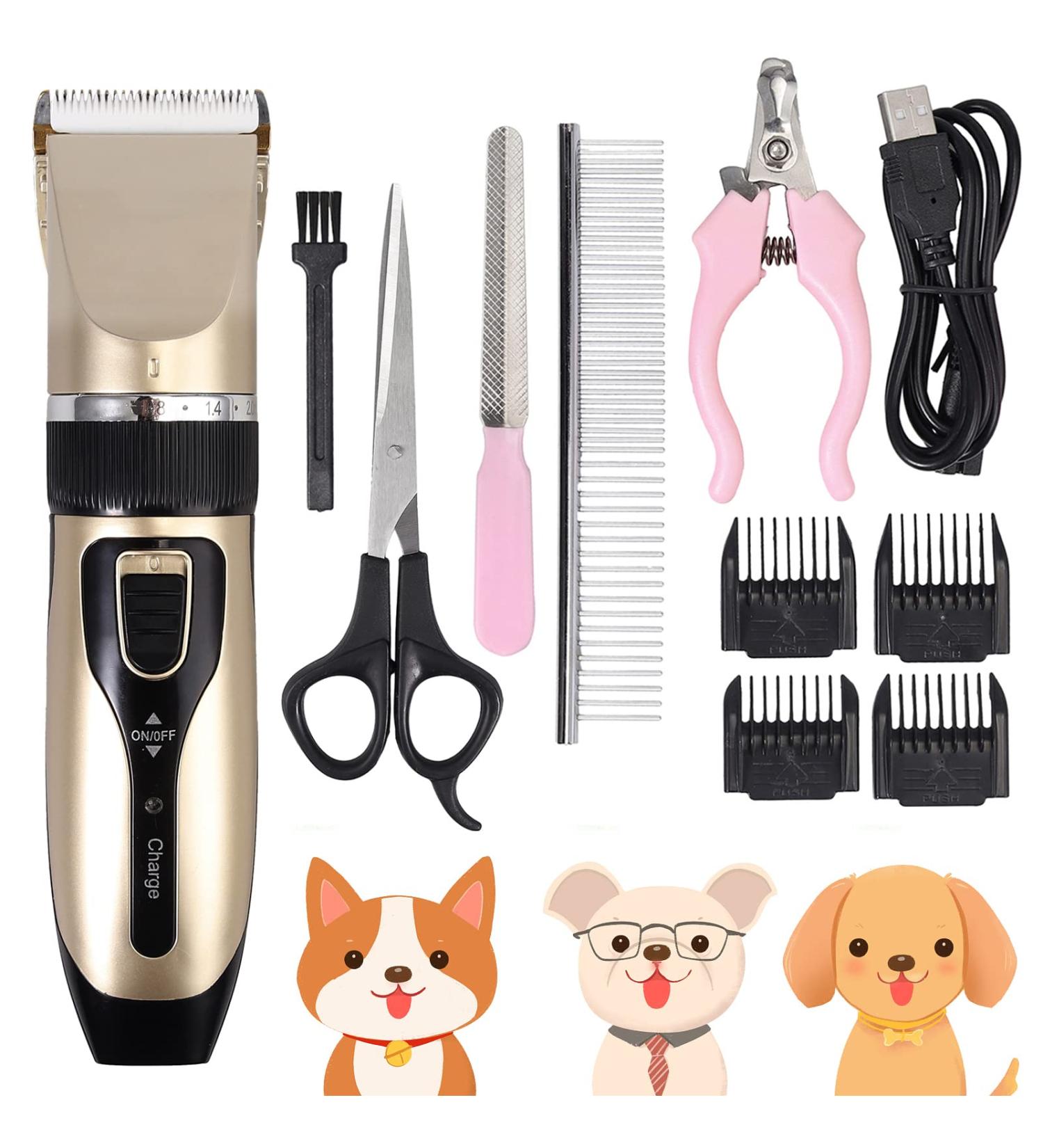 eSynic Pet Dog Clipper Grooming Trimmer Professional Animal Electric Hair Cutter Shaver Kit with 4 Combs Titanium Fixed Knife Prevent Skin Allergies Low Noise Gold and Black - Buy Online on GoSupps.com