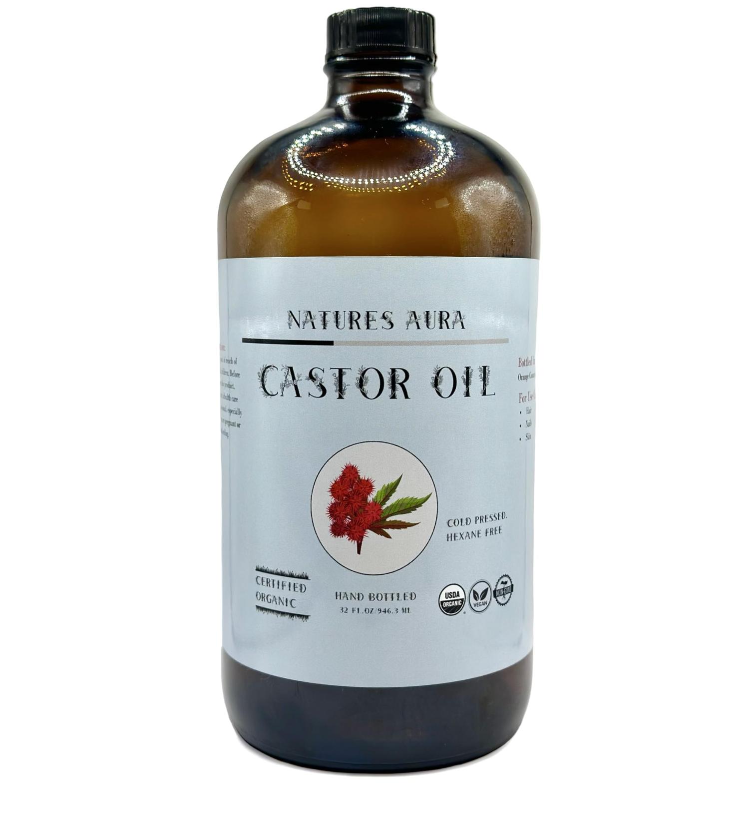 Buy Organic Castor Oil - 946ml Cold Pressed Hexane Free | Natures Aura | Free Mascara Wands - USDA Approved - Buy Online on GoSupps.com