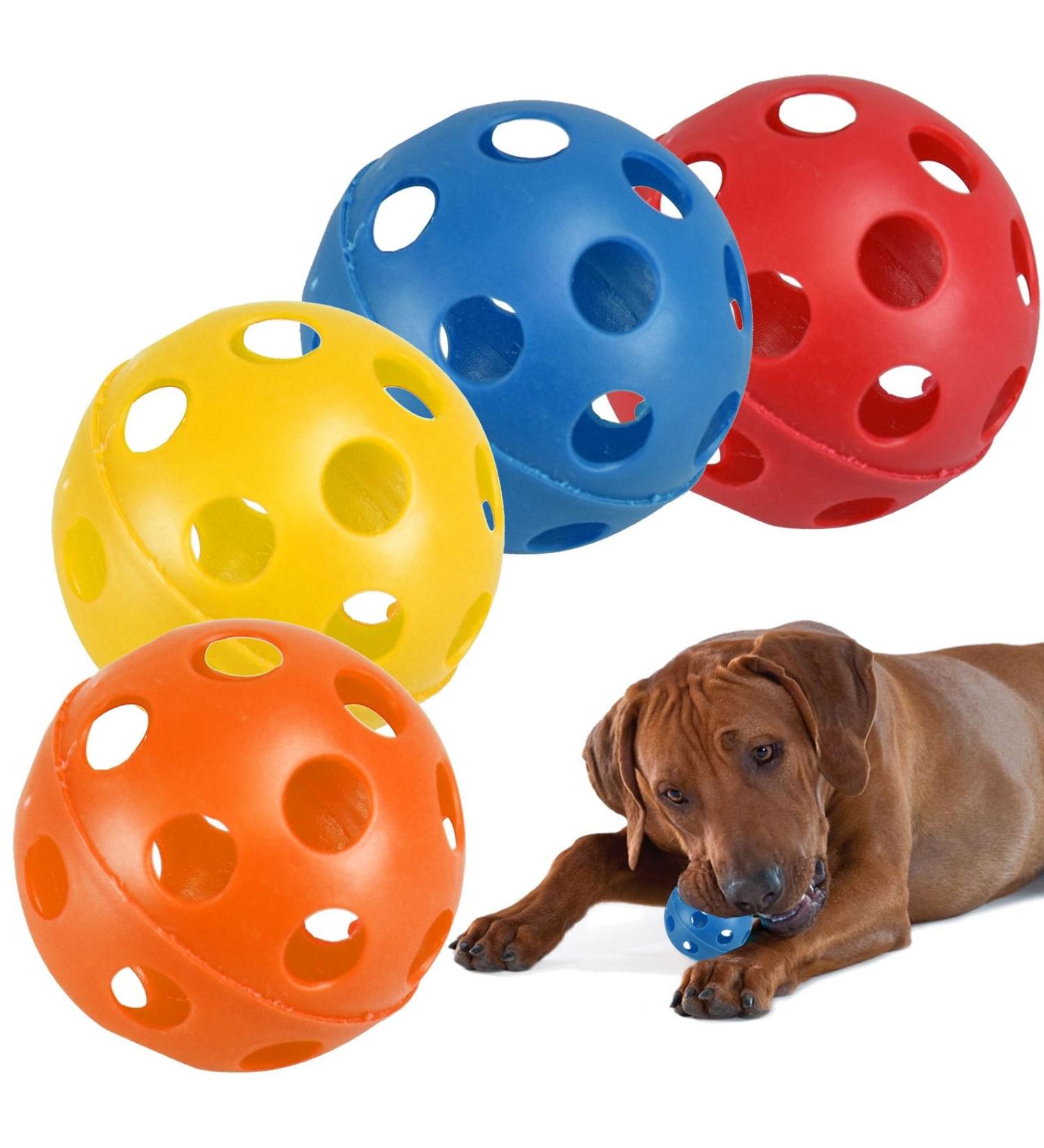 ASAB 4 Pack Large Hollow Plastic Coloured Air Flow Pet Play Balls Dog Cat Puppy Toy Red Yellow Blue Orange Set - Buy Online on GoSupps.com