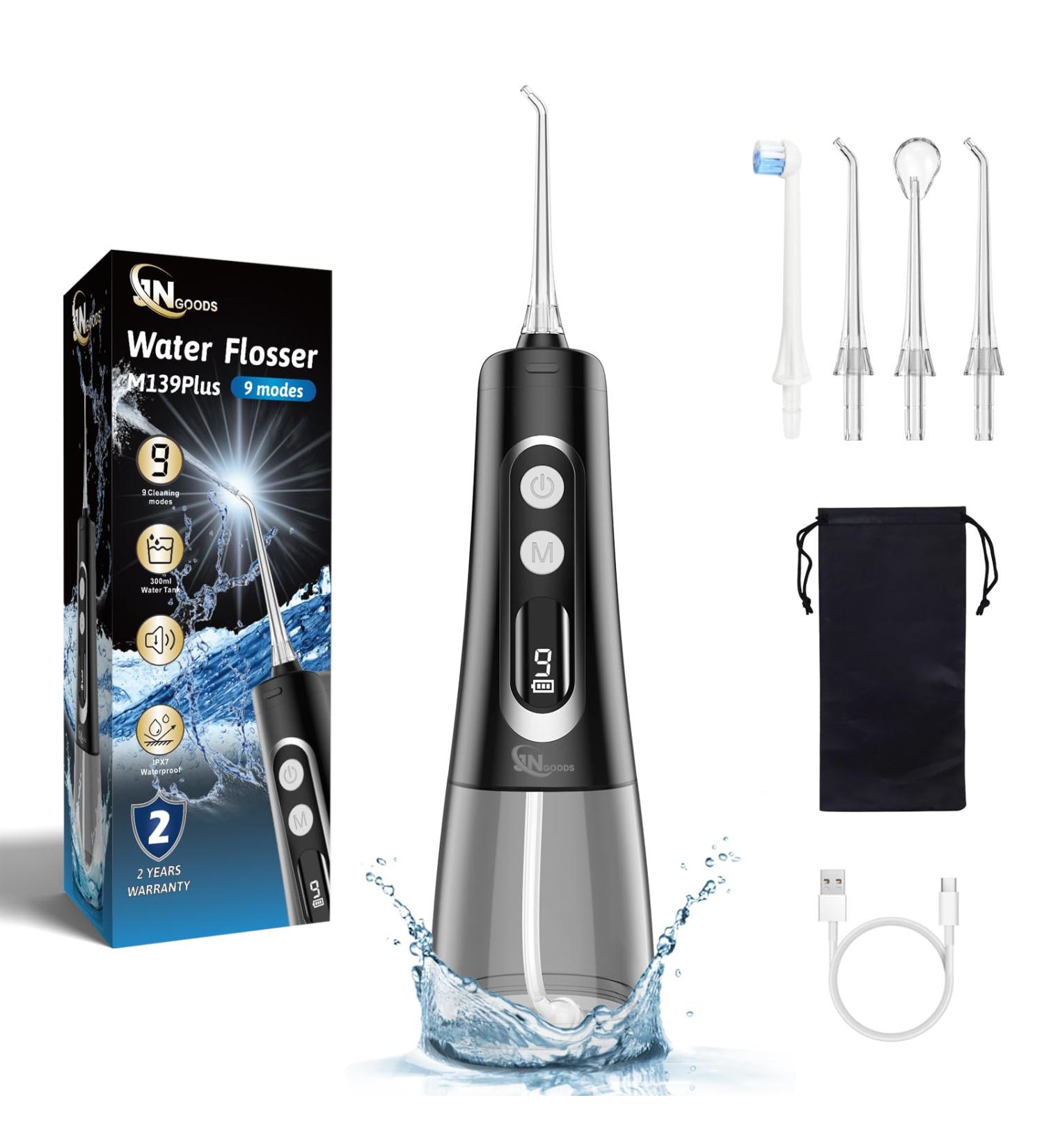 JNGOODS 300ml Rechargeable Water Dental Flosser - IPX7 Waterproof 9 Modes LED Display Portable Oral Irrigator for Home & Travel (Black - Buy Online on GoSupps.com