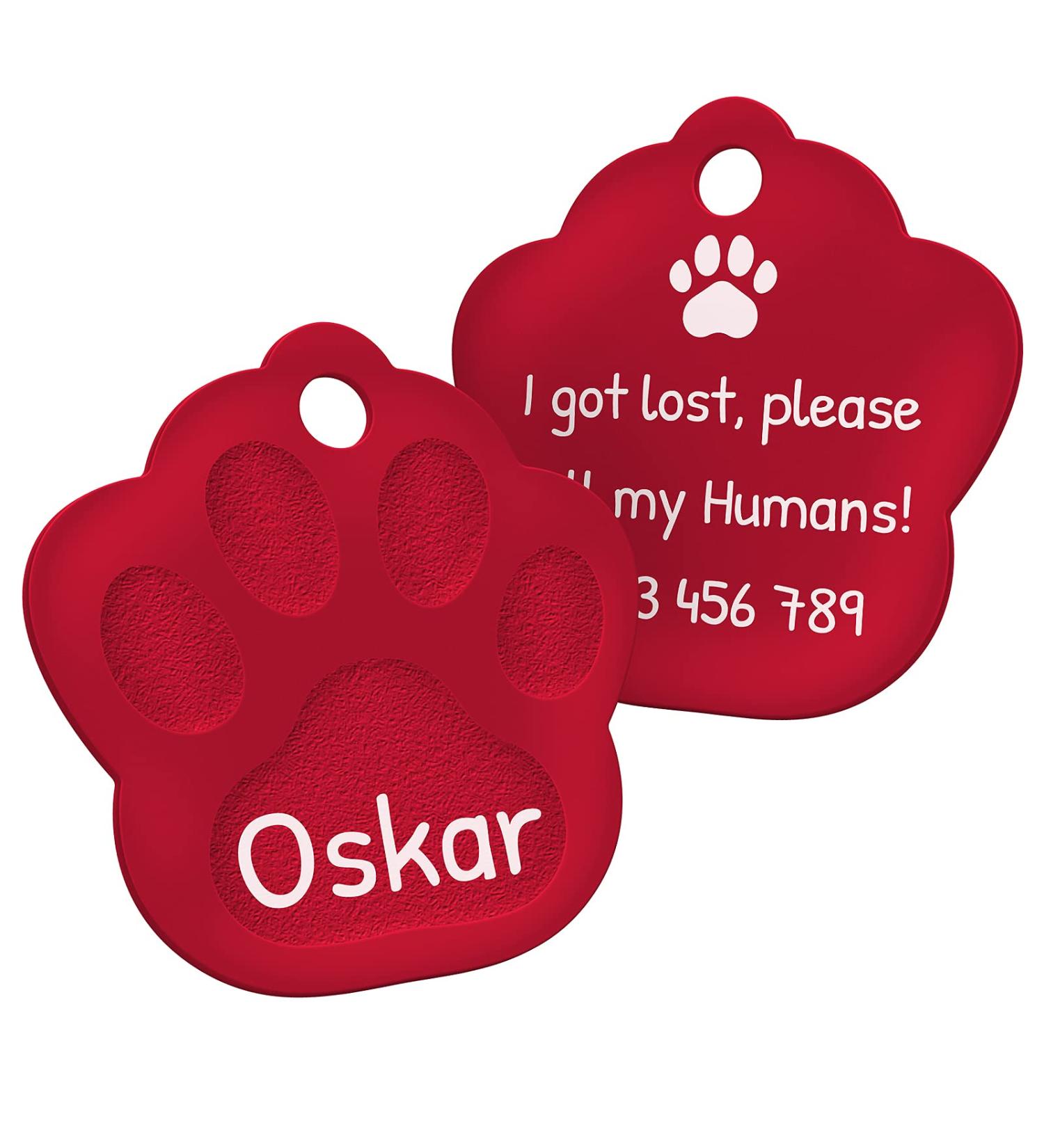 Personalized Engraved Red Dog Tag Paw - 33mm with 2 Key Rings | Custom Pet ID Tags for Dogs - International Shipping - Buy Online on GoSupps.com