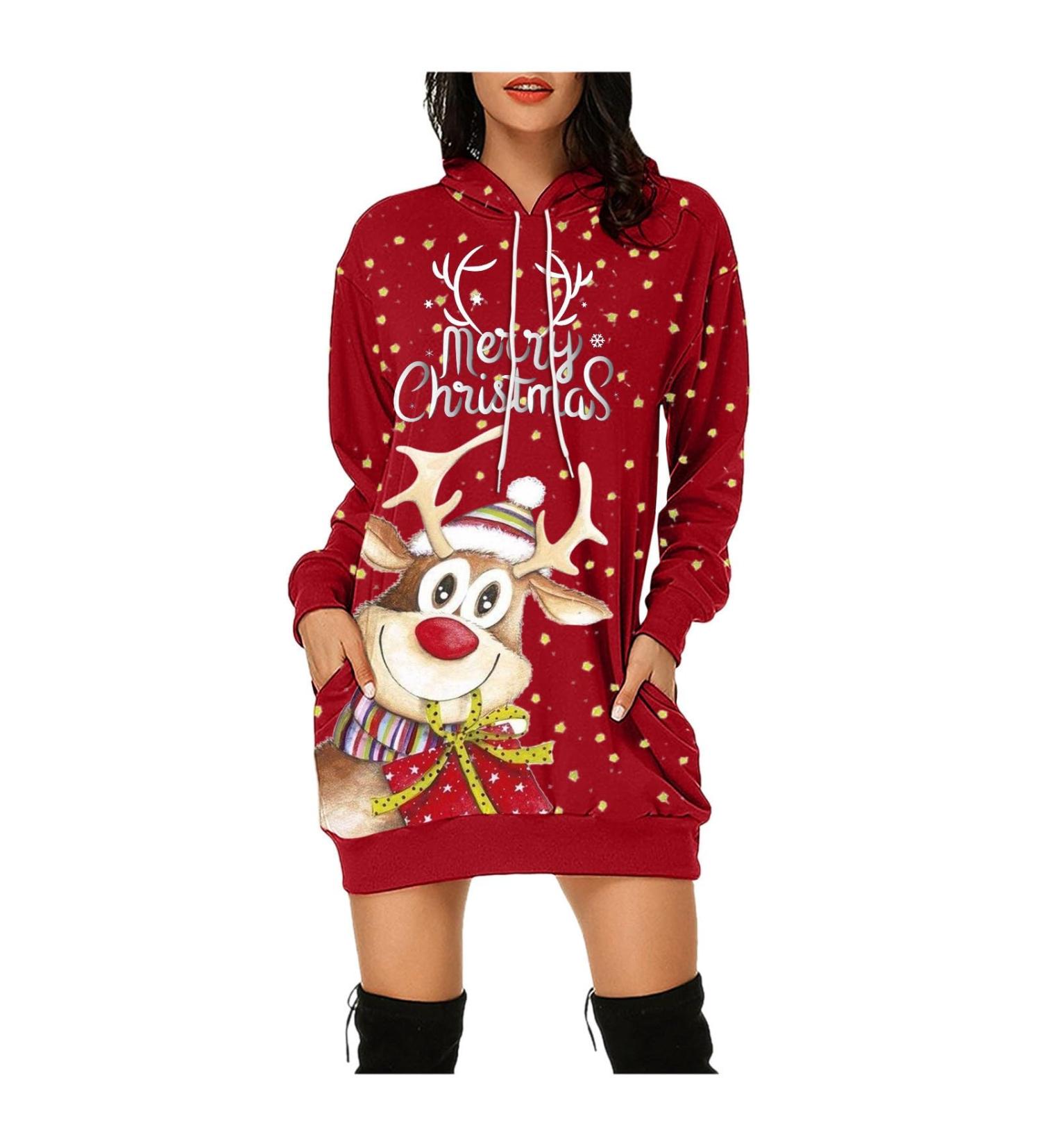 Buy Hanxiulin Elegant Christmas Dress for Women | Long-Sleeved Hoodie & Casual Sweater | Stylish Red Holiday Outfit for Autumn & Winter - Buy Online on GoSupps.com