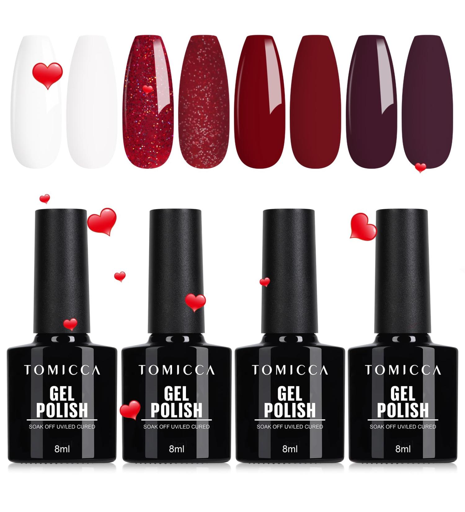 TOMICCA Red Glitter White Gel Nail Polish Set - UV Dark Red Gel Polishes for DIY Home Salon, Mothers Day Gifts - 4PCS - Buy Online on GoSupps.com