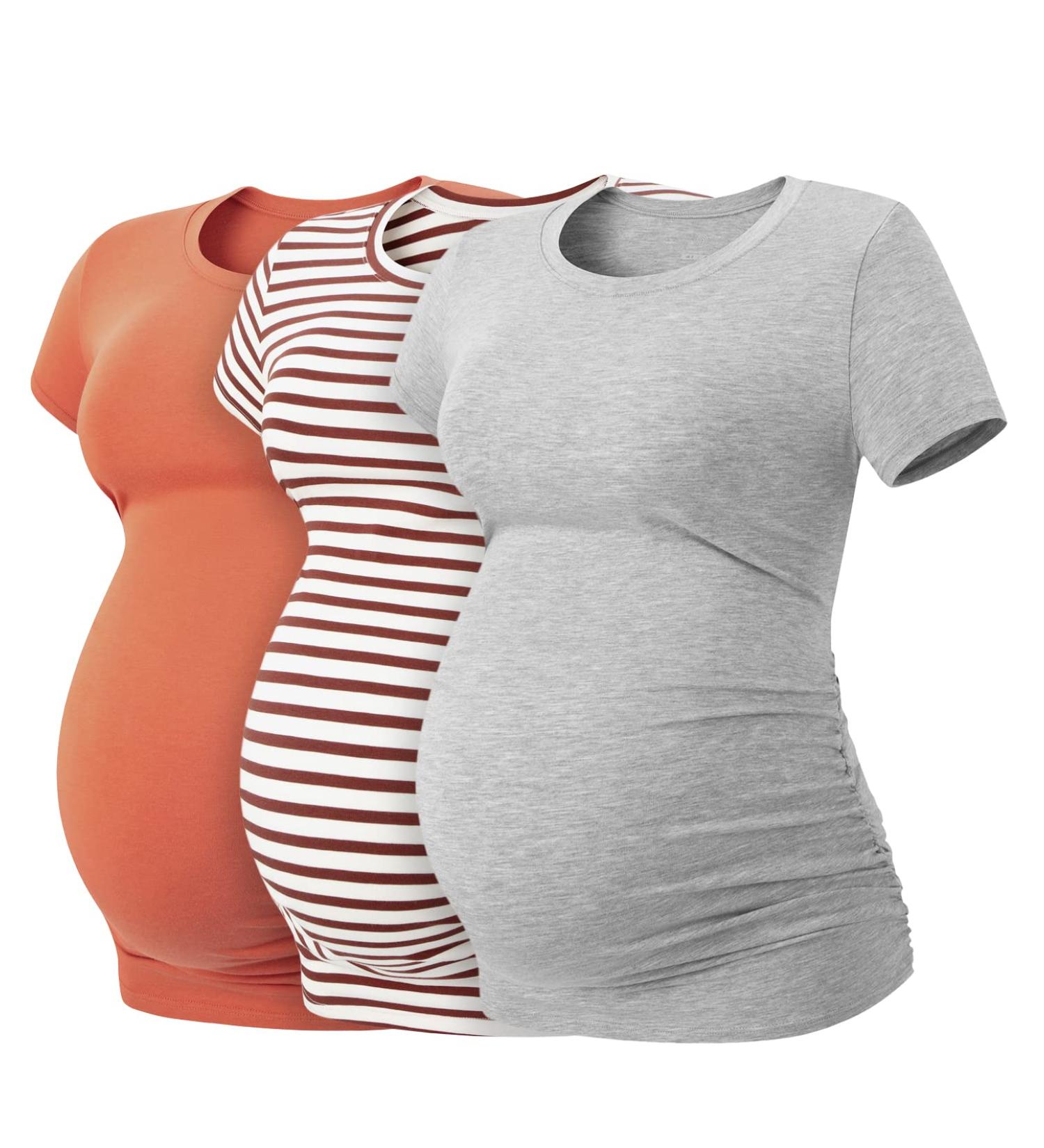 LAPASA Women's Maternity Tops - Soft Modal Cotton Pregnancy Tshirts - Short Sleeve Tees - Burn Red+Red Stripe+Heather Gray - Size XL - Buy Online on GoSupps.com