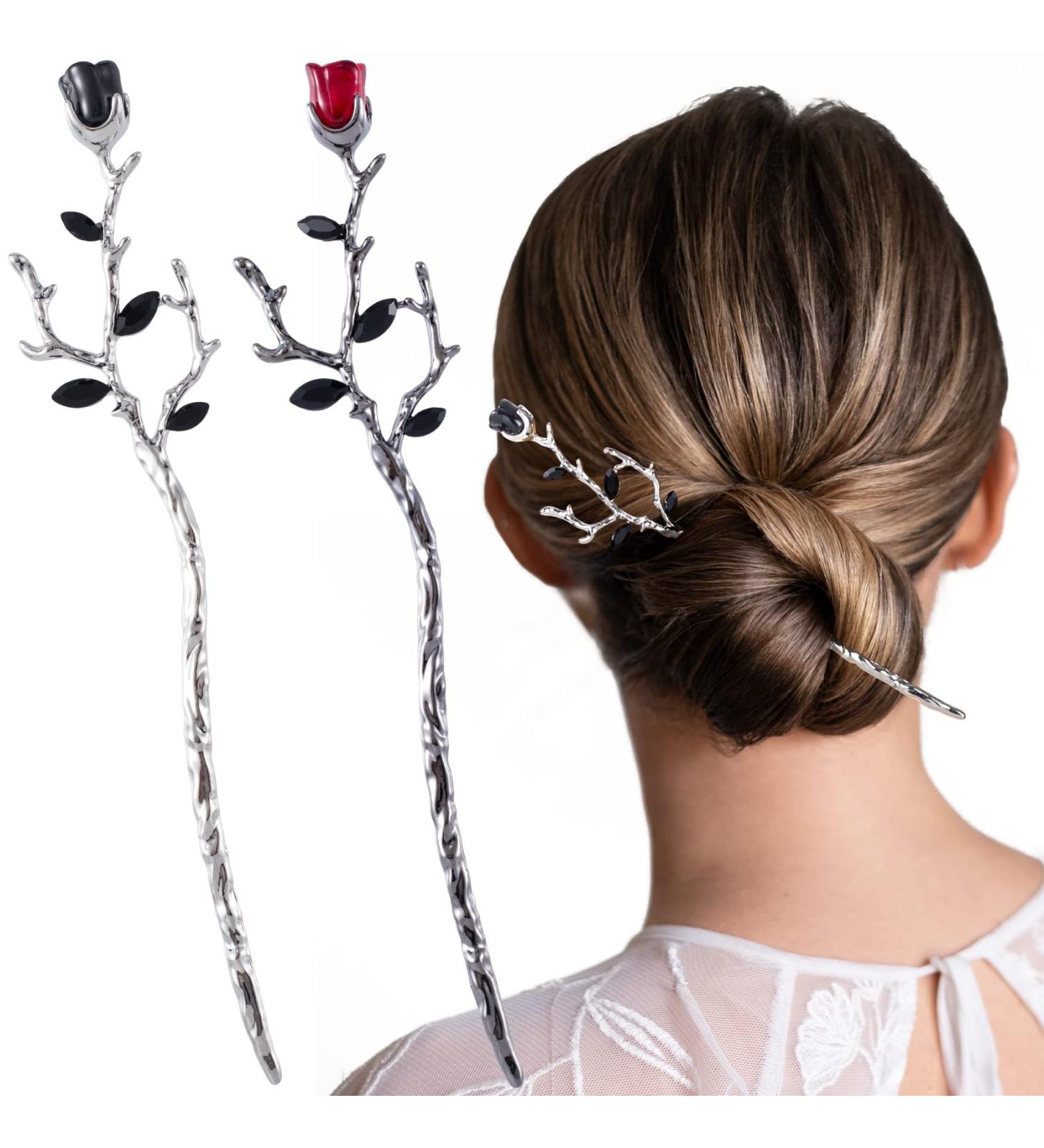 HINZIC Flower Hair Stick 2Pcs - Retro Chinese Hair Chopsticks for Bun | Wedding Hairpins for Bride Women Girls - Silver Black - Buy Online on GoSupps.com